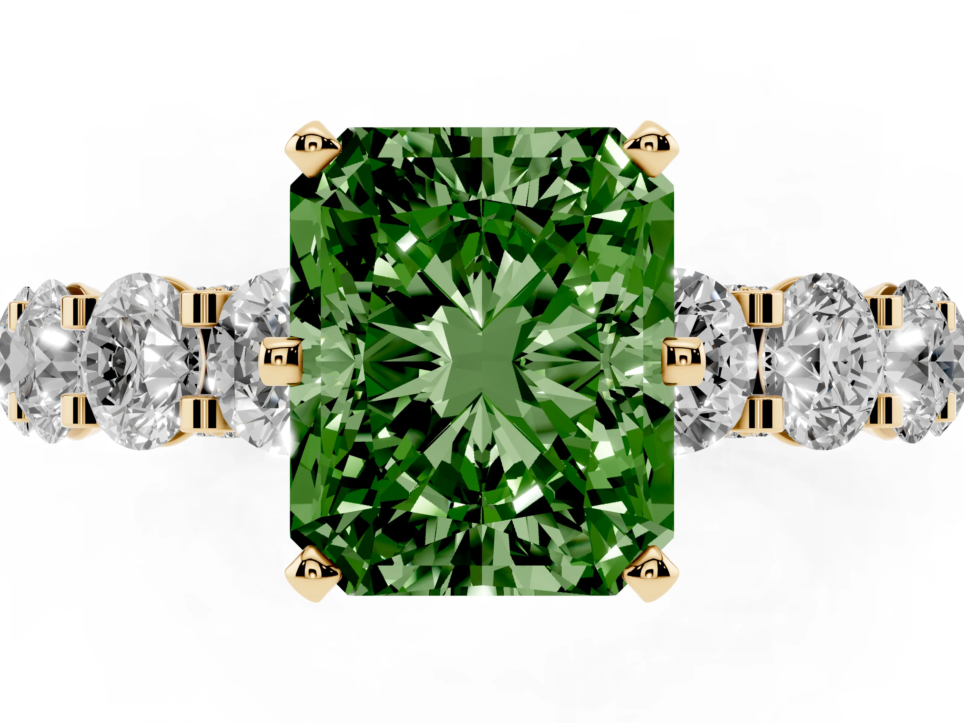 Fancy Green Radiant Cut Diamond Side Stone Ring Set in Yellow gold with Alternating Round and Oval Side Stones