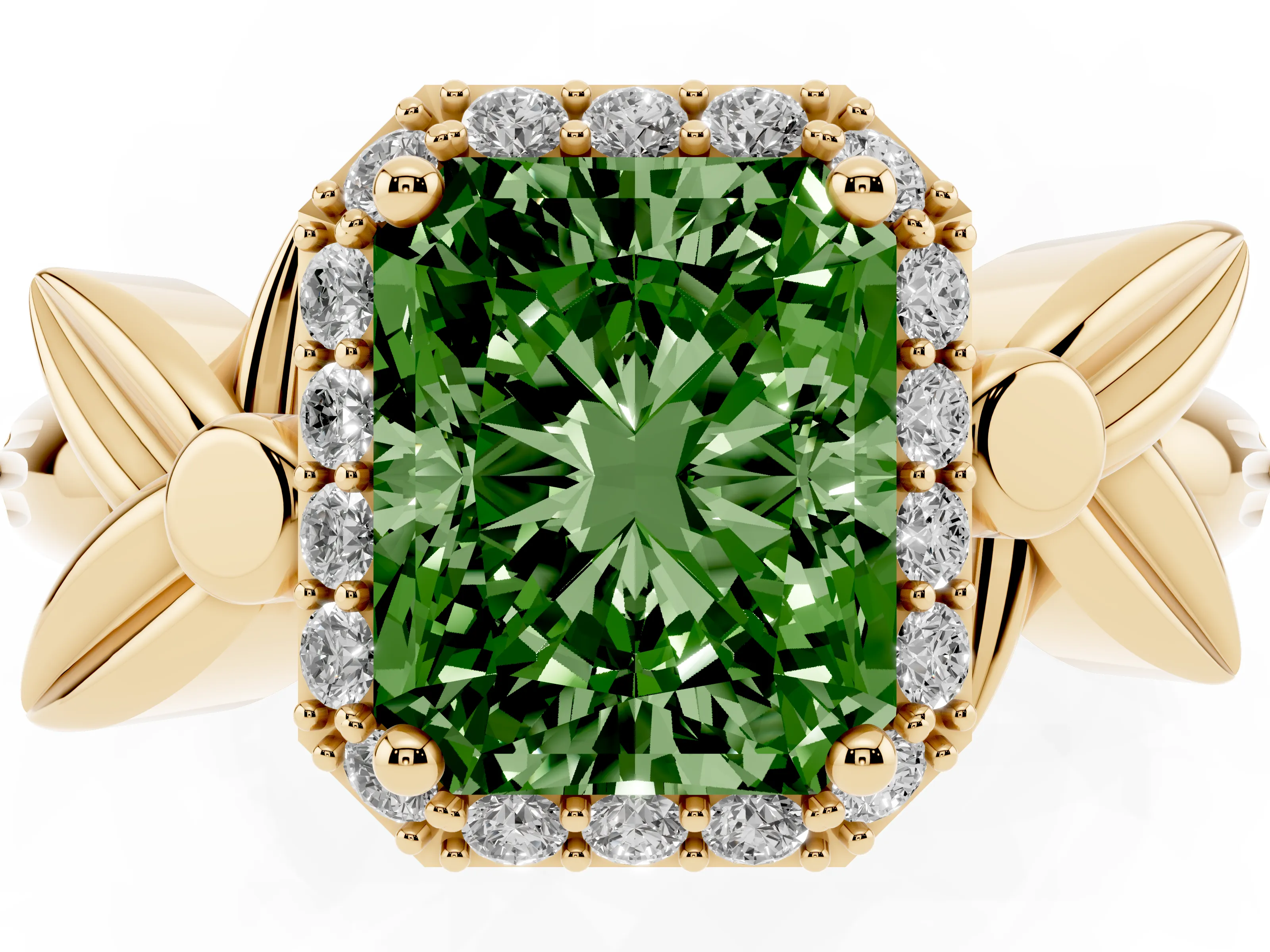 Fancy Green Radiant Cut Diamond Halo Floral Band Ring Set in Yellow gold with Prong Setting