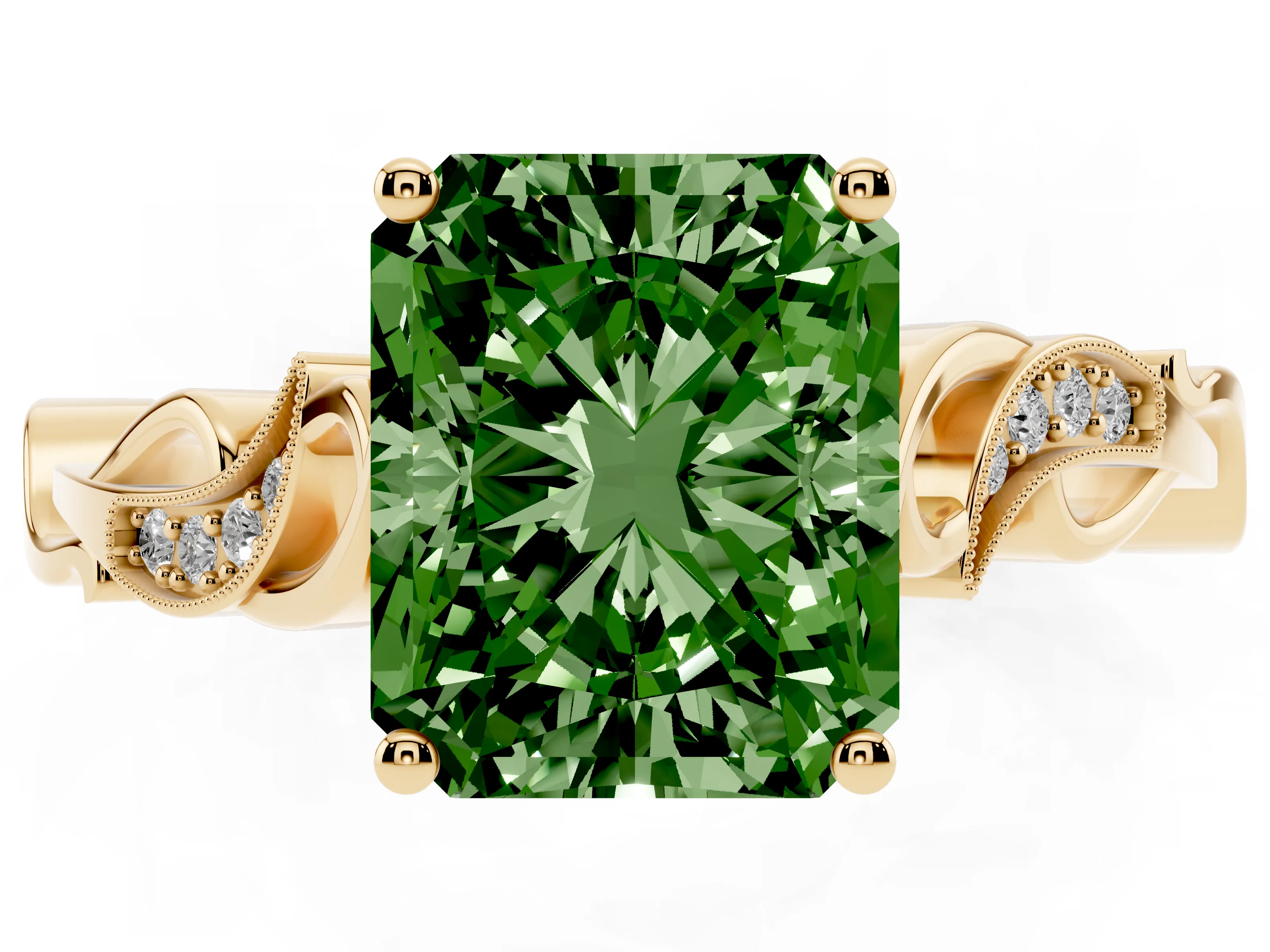 Fancy Green Radiant Cut Diamond Vine Band Solitaire Ring Set in Yellow gold with Milgrain Prong Setting