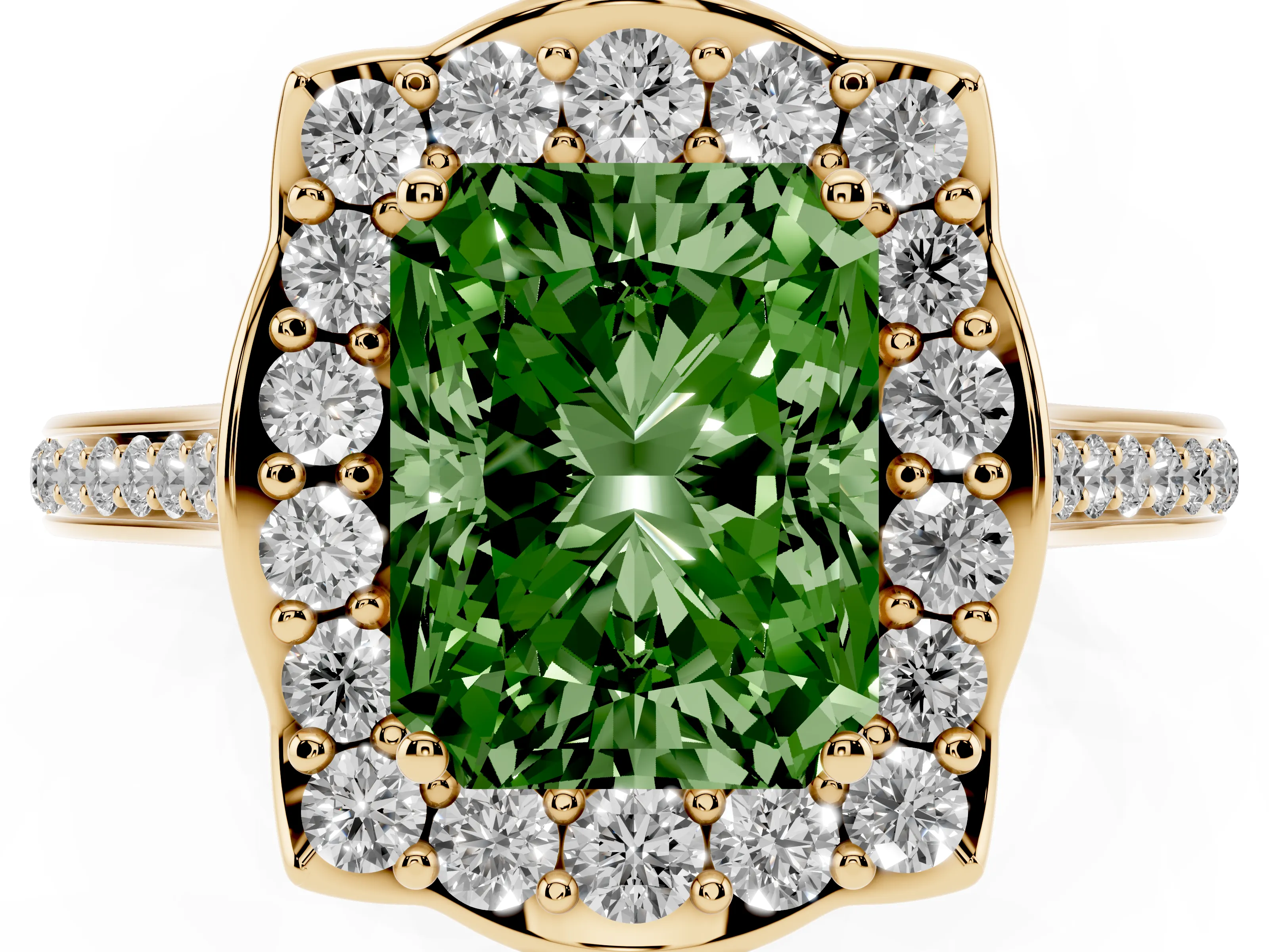 Fancy Green Radiant Cut Diamond Halo Ring Set in Yellow gold with Pavé-Lined Shoulders and Prong Setting