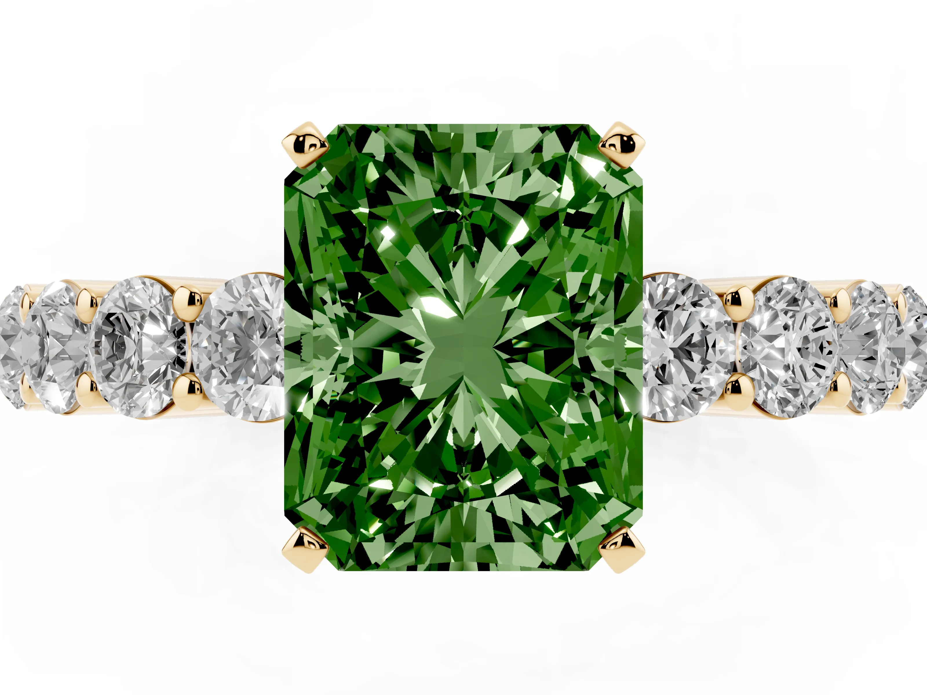 Fancy Green Radiant Cut Diamond Solitaire Ring Set in Yellow gold with Shared Prong Round Side Stones