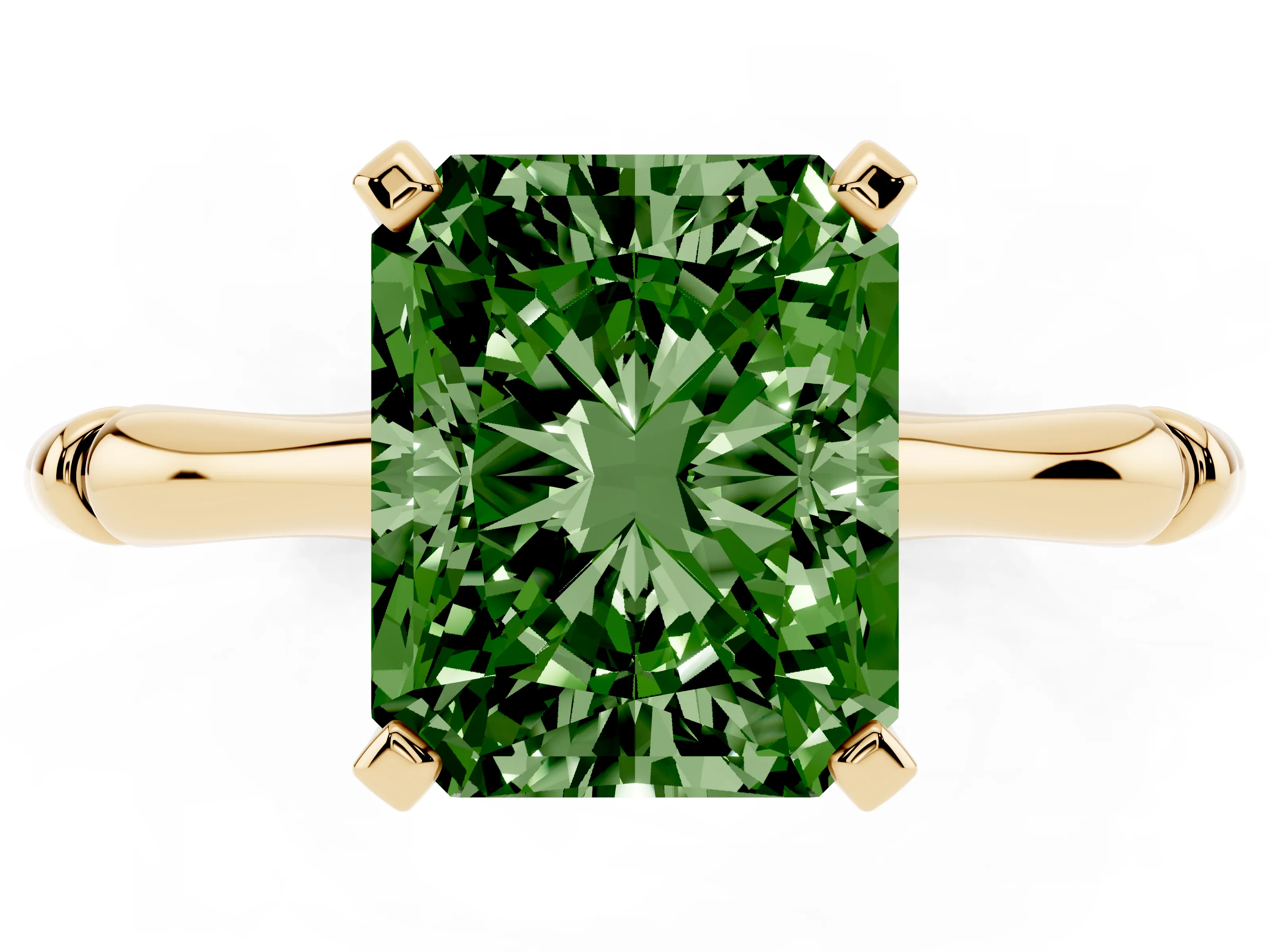 Fancy Green Radiant Cut Diamond Solitaire Ring Set in Yellow gold with Bamboo Band and Prong Setting