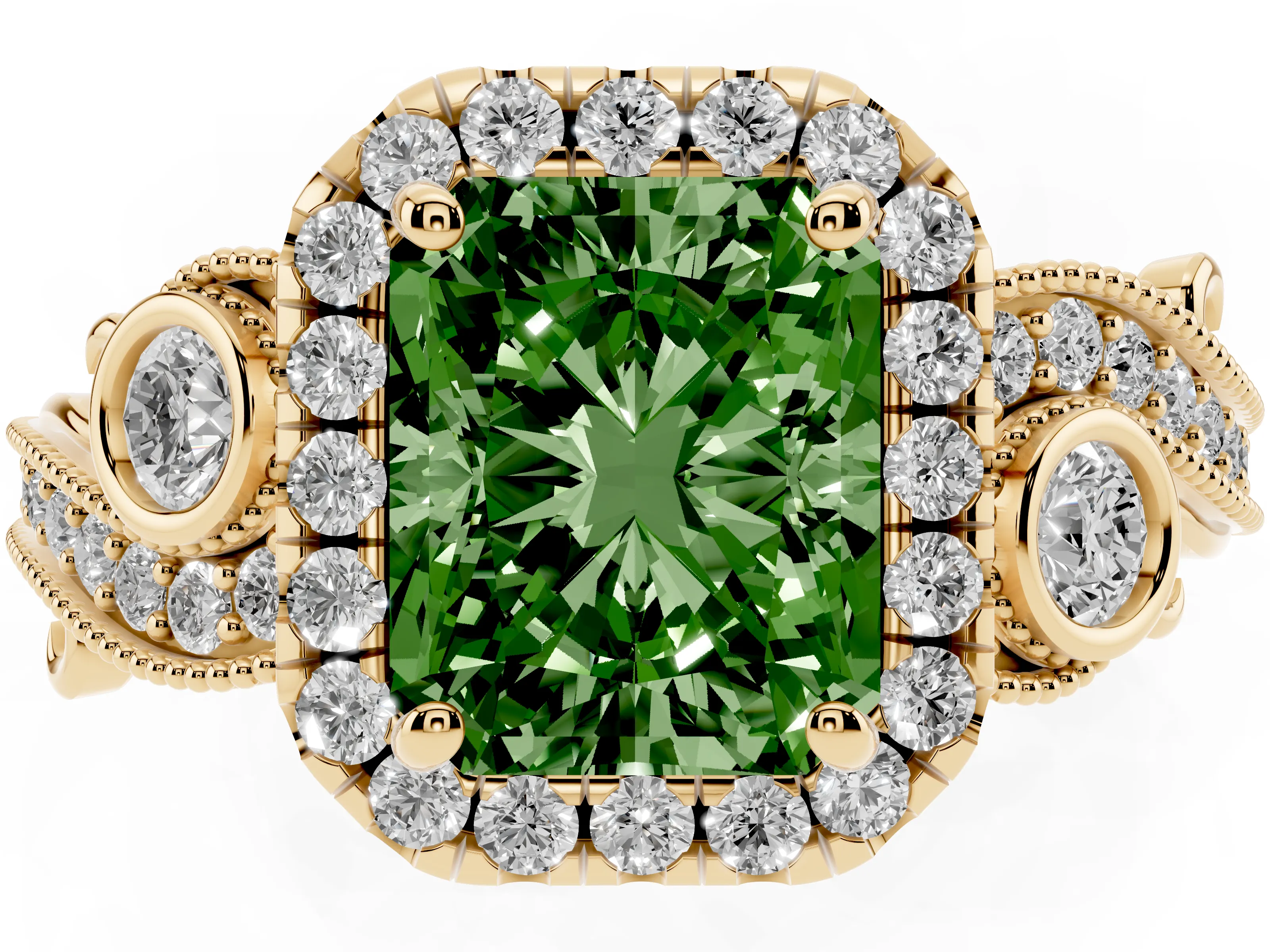 Fancy Green Radiant Cut Diamond Halo Ring Set in Yellow gold with Milgrain Pavé Band and Prong Setting