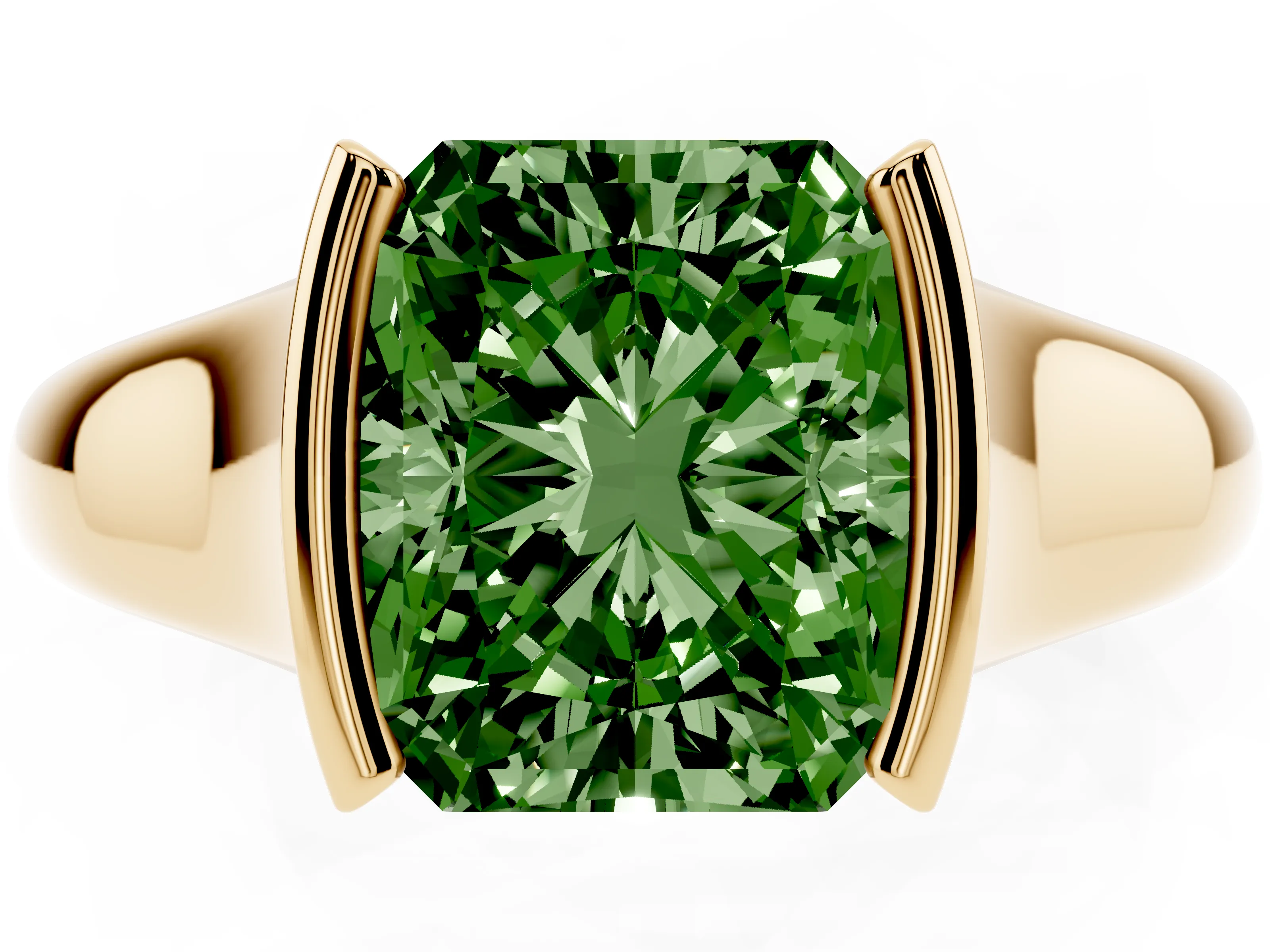Fancy Green Radiant Cut Diamond Solitaire Tension Set Ring Set in Yellow gold with Split Shank Band