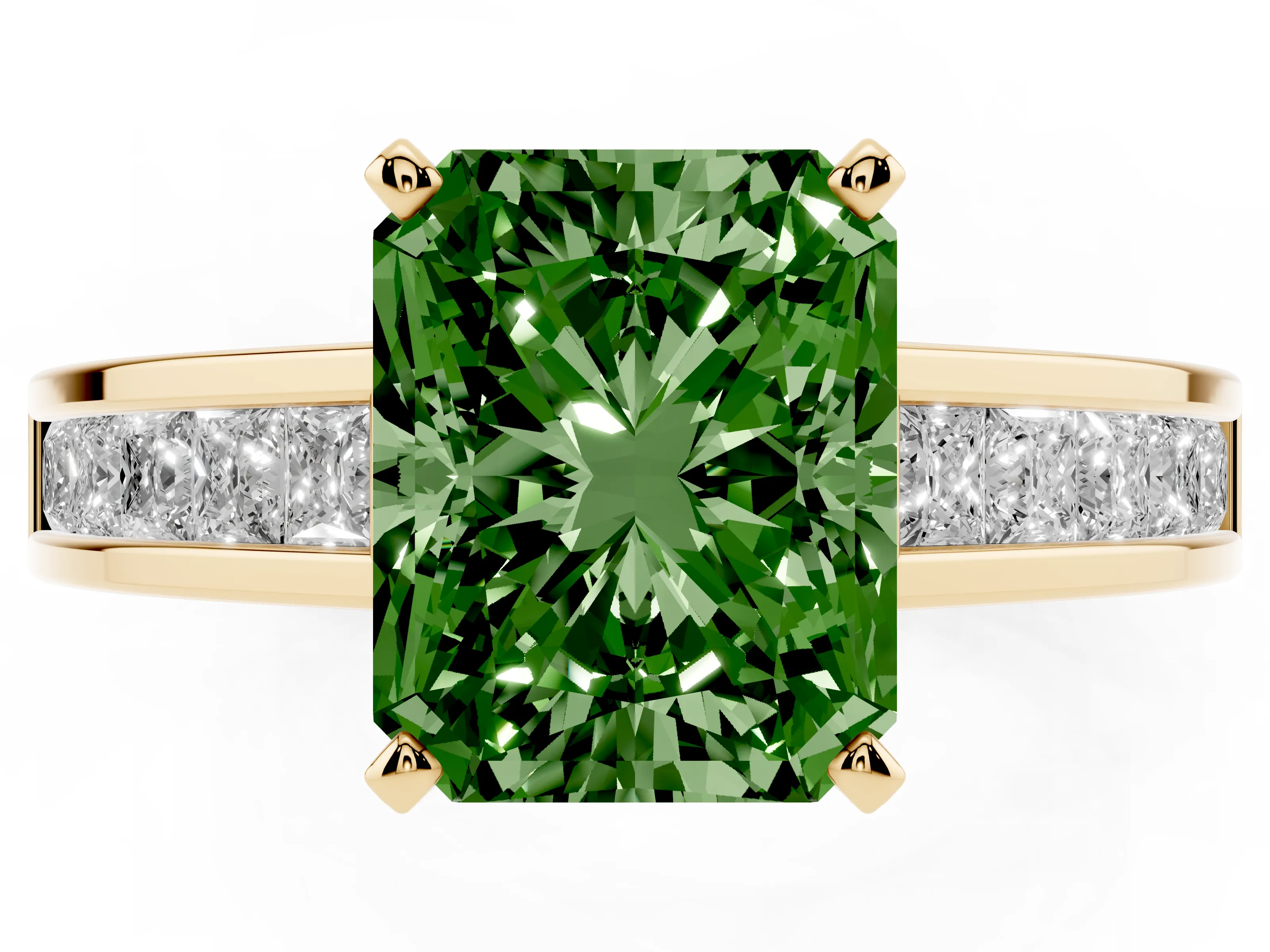 Fancy Green Radiant Cut Diamond Solitaire Ring Set in Yellow gold with Channel-Set Band and Prong Setting