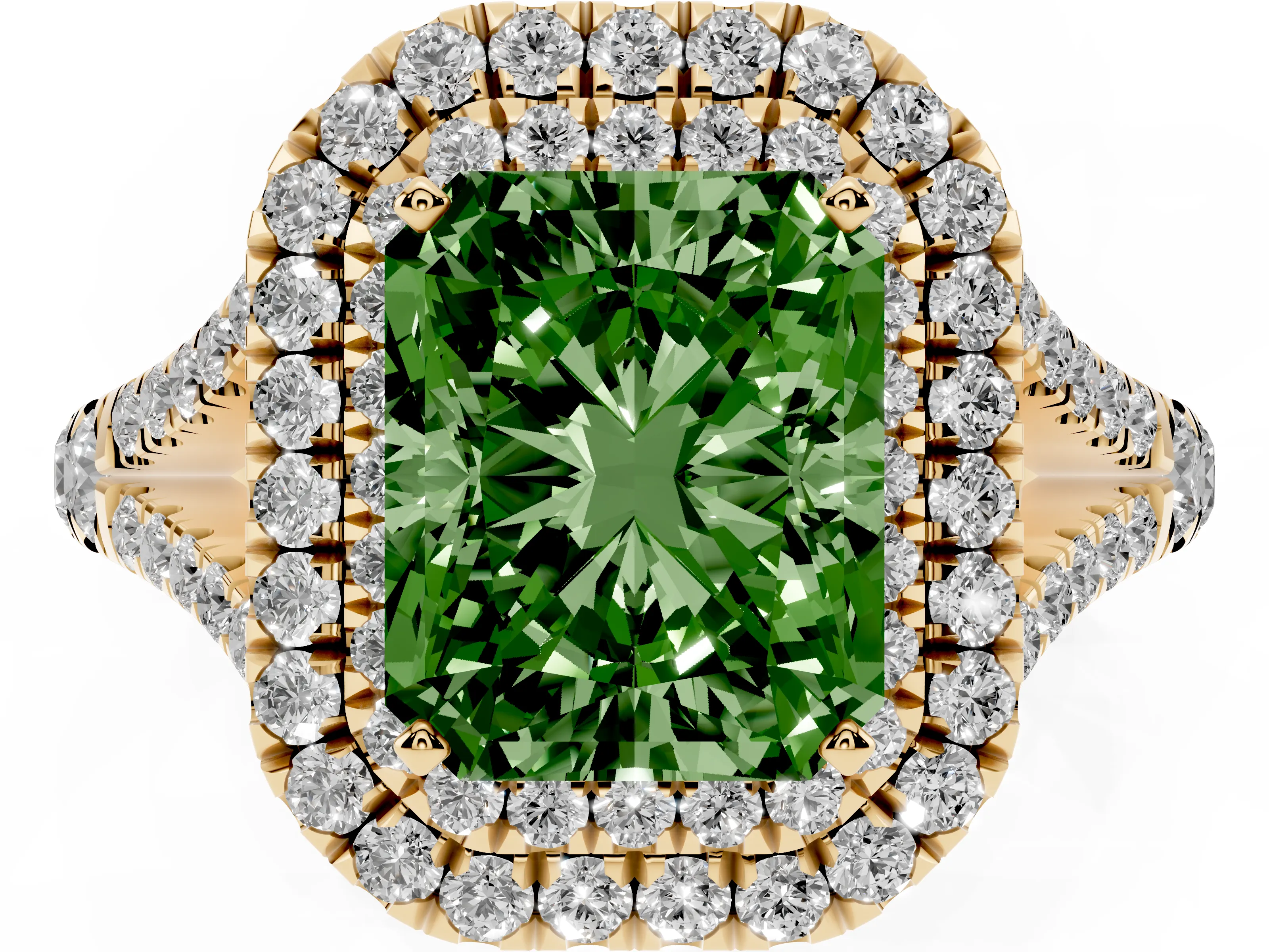 Fancy Green Radiant Cut Diamond Pavé Split Shank Double Halo Engagement Ring Set in Yellow gold