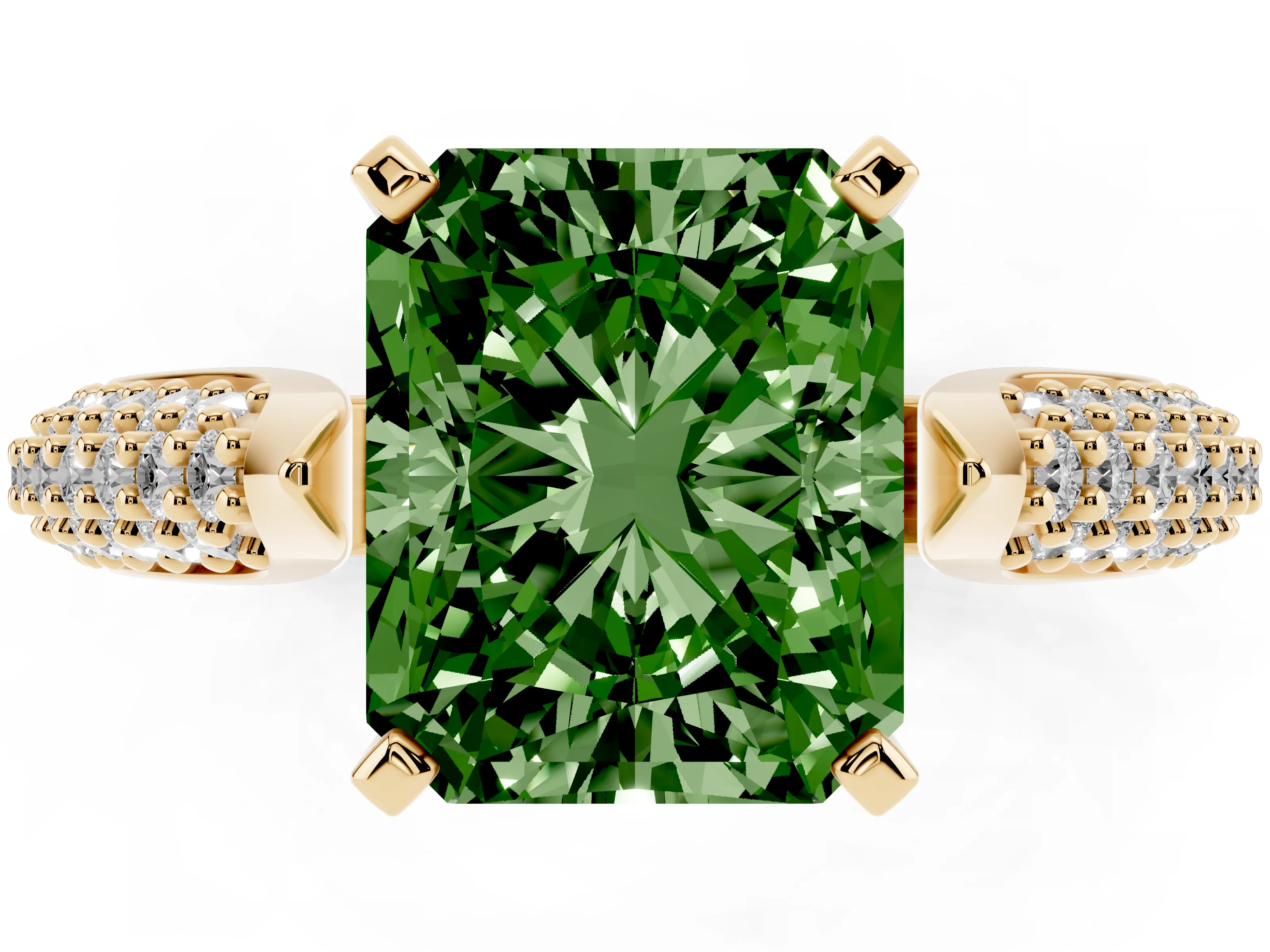 Fancy Green Radiant Cut Diamond Solitaire Engagement Ring Set in Yellow gold with Multi-Row Round Pavé Band and Prong Setting