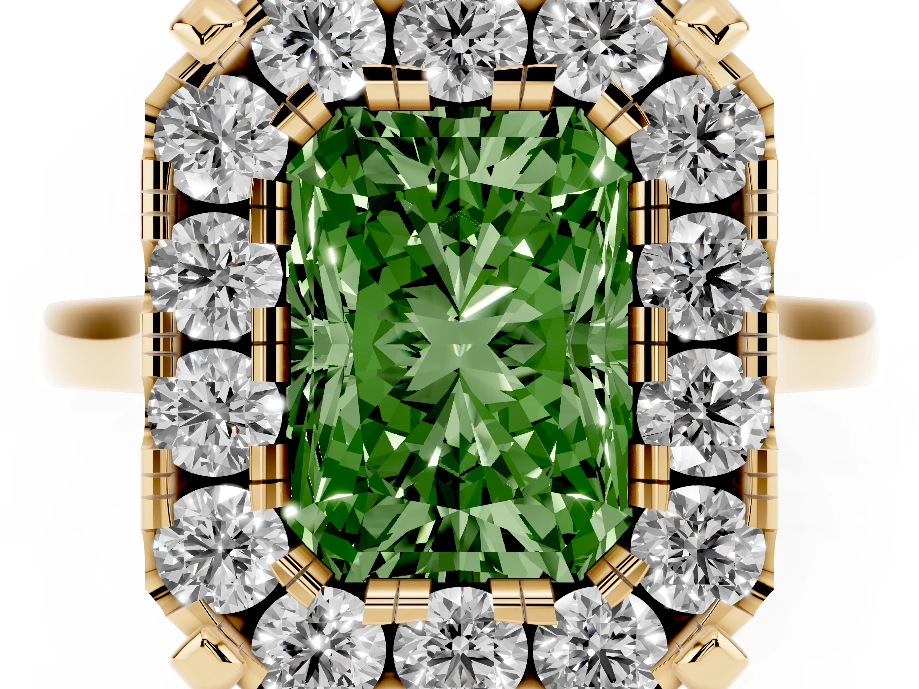 Fancy Green Radiant Cut Diamond Cluster Halo Solitaire Ring Set in Yellow gold with Prong Setting