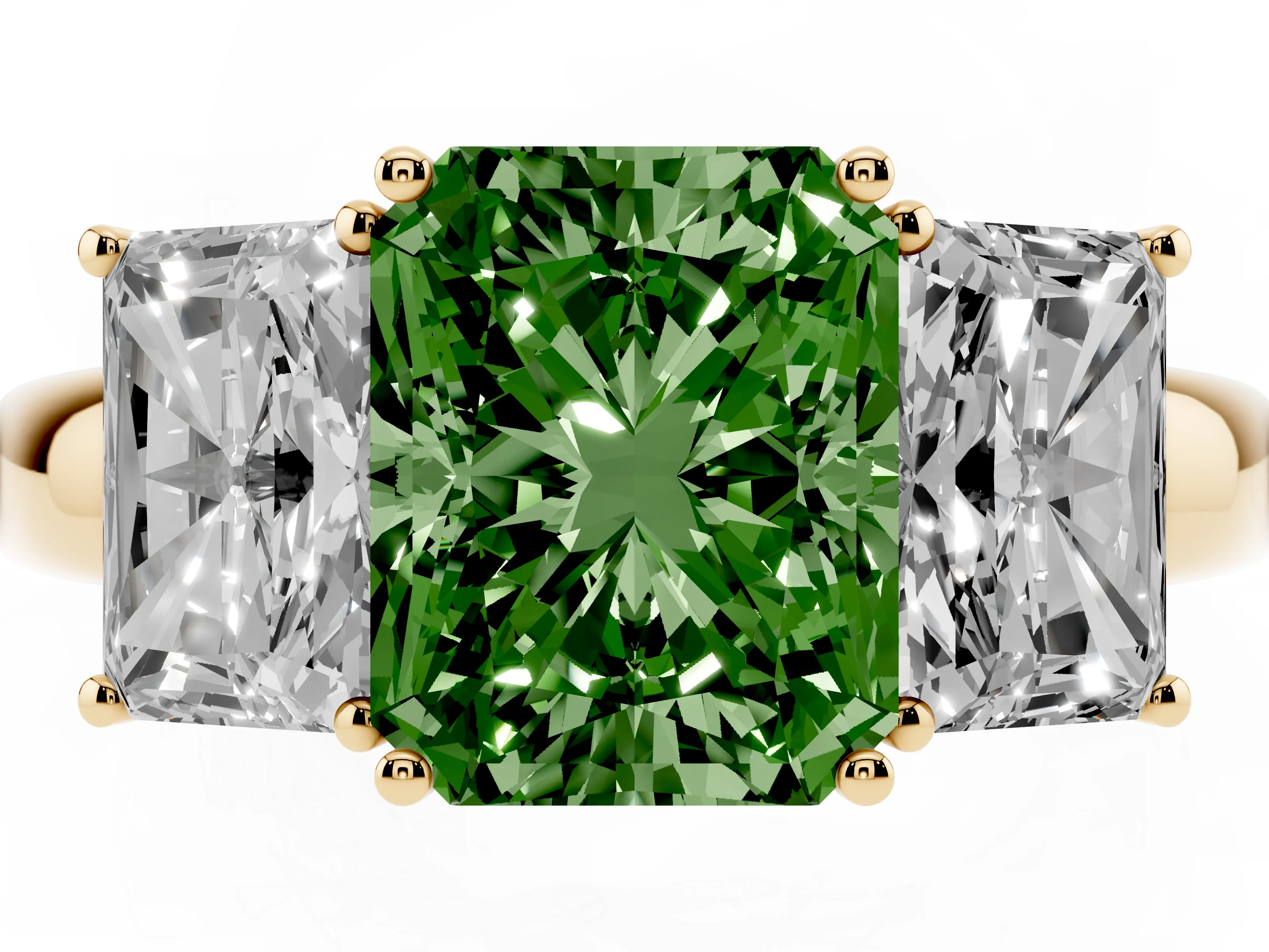 Fancy Green Radiant Cut Diamond Three-Stone Ring Set in Yellow gold with Bold Center and Classic Band