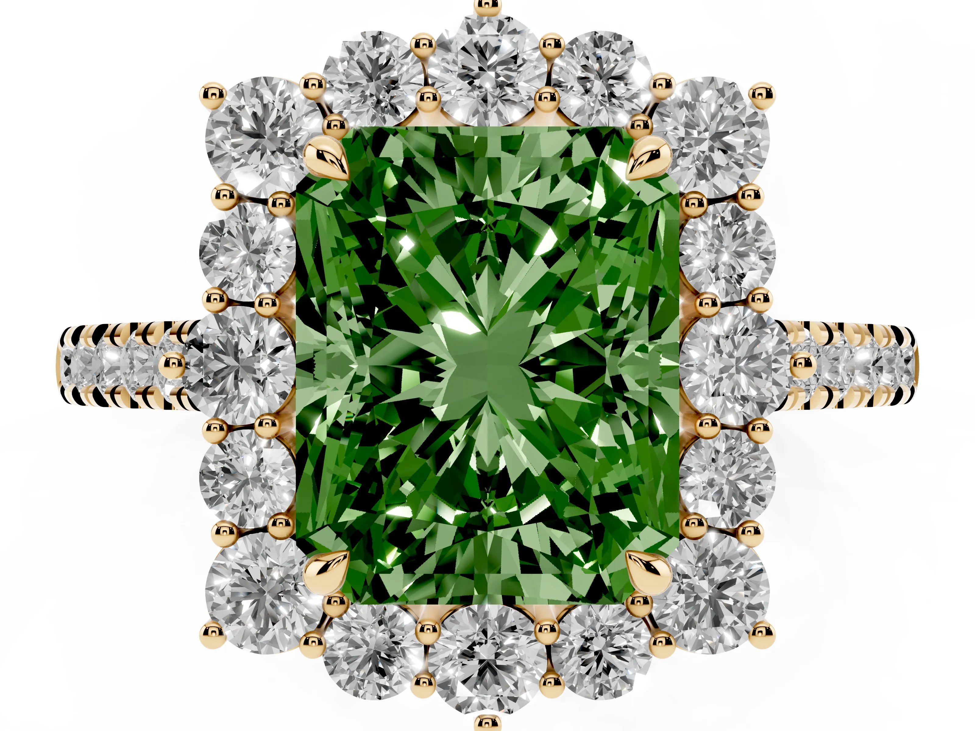 Fancy Green Radiant Cut Diamond Halo Ring Set in Yellow gold with Pavé Band and Prong Setting