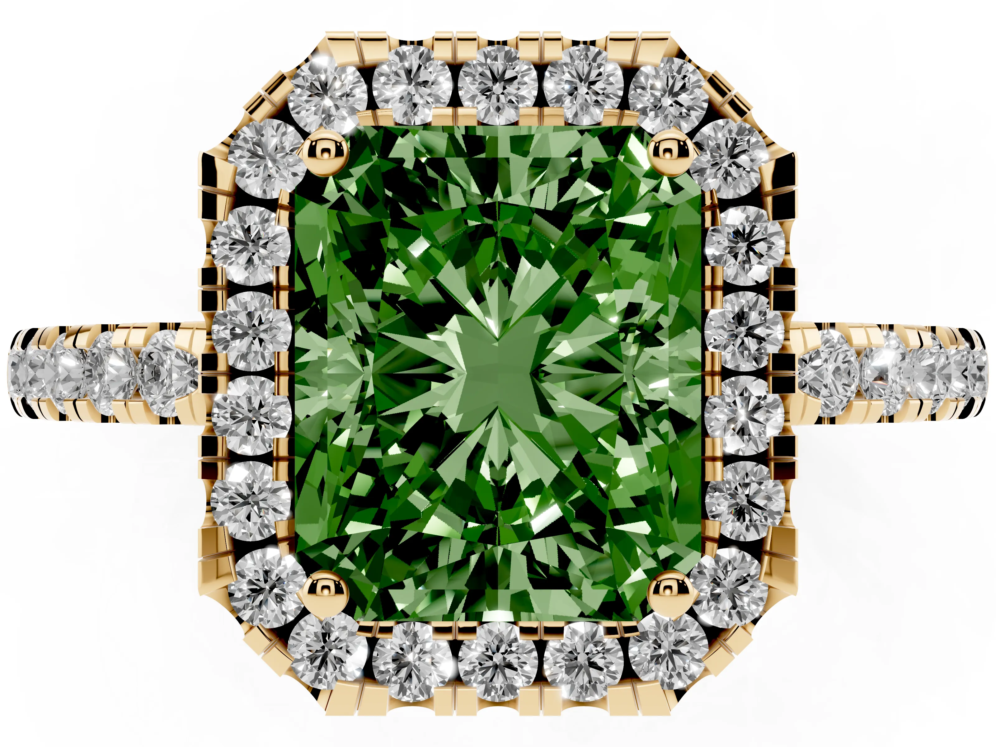 Fancy Green Radiant Cut Diamond Pavé Band Halo Engagement Ring Set in Yellow gold with Prong Setting
