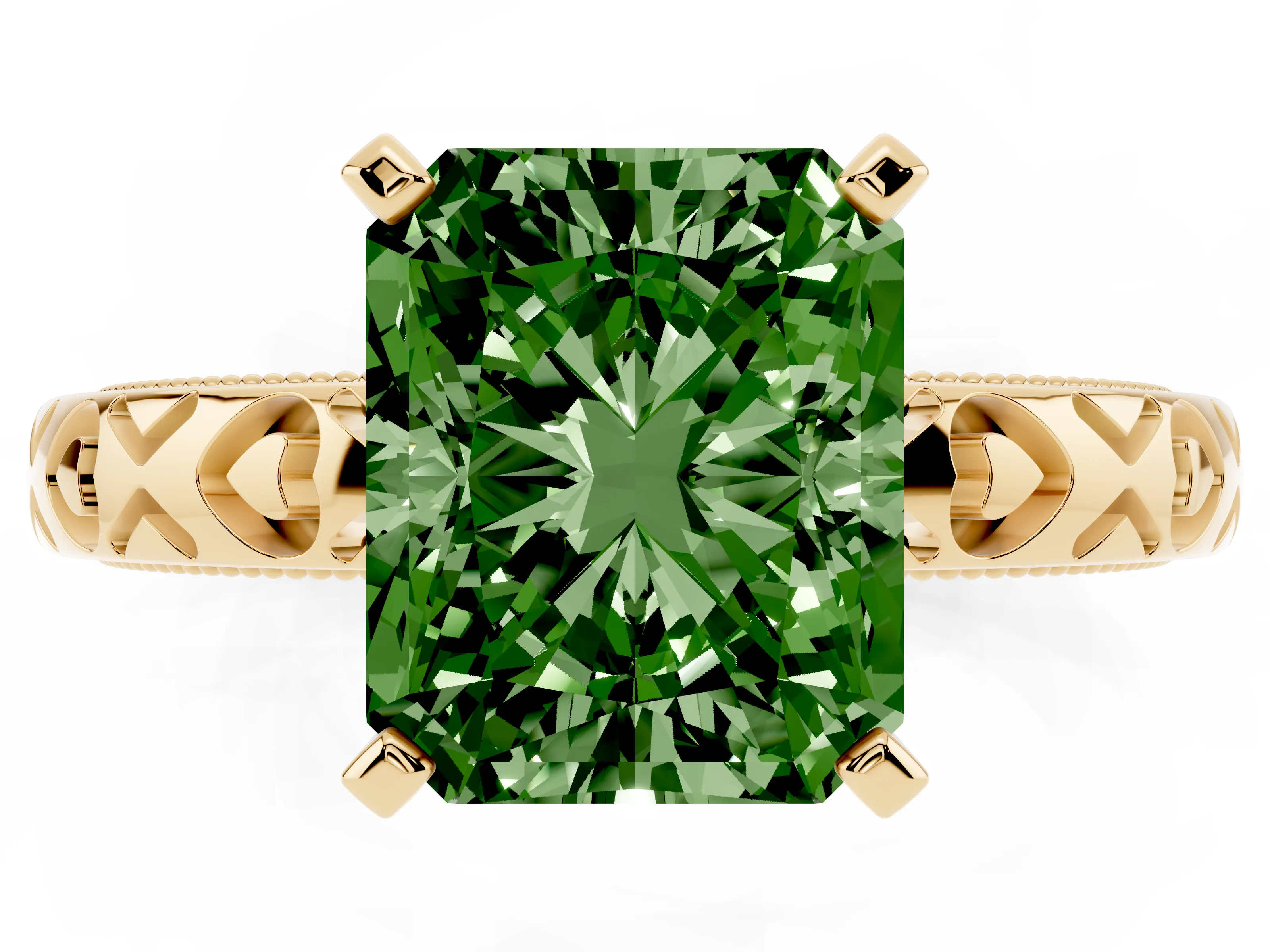 Fancy Green Radiant Cut Diamond Solitaire Engagement Ring Set in Yellow gold with XO Engraved Band and Prong Setting
