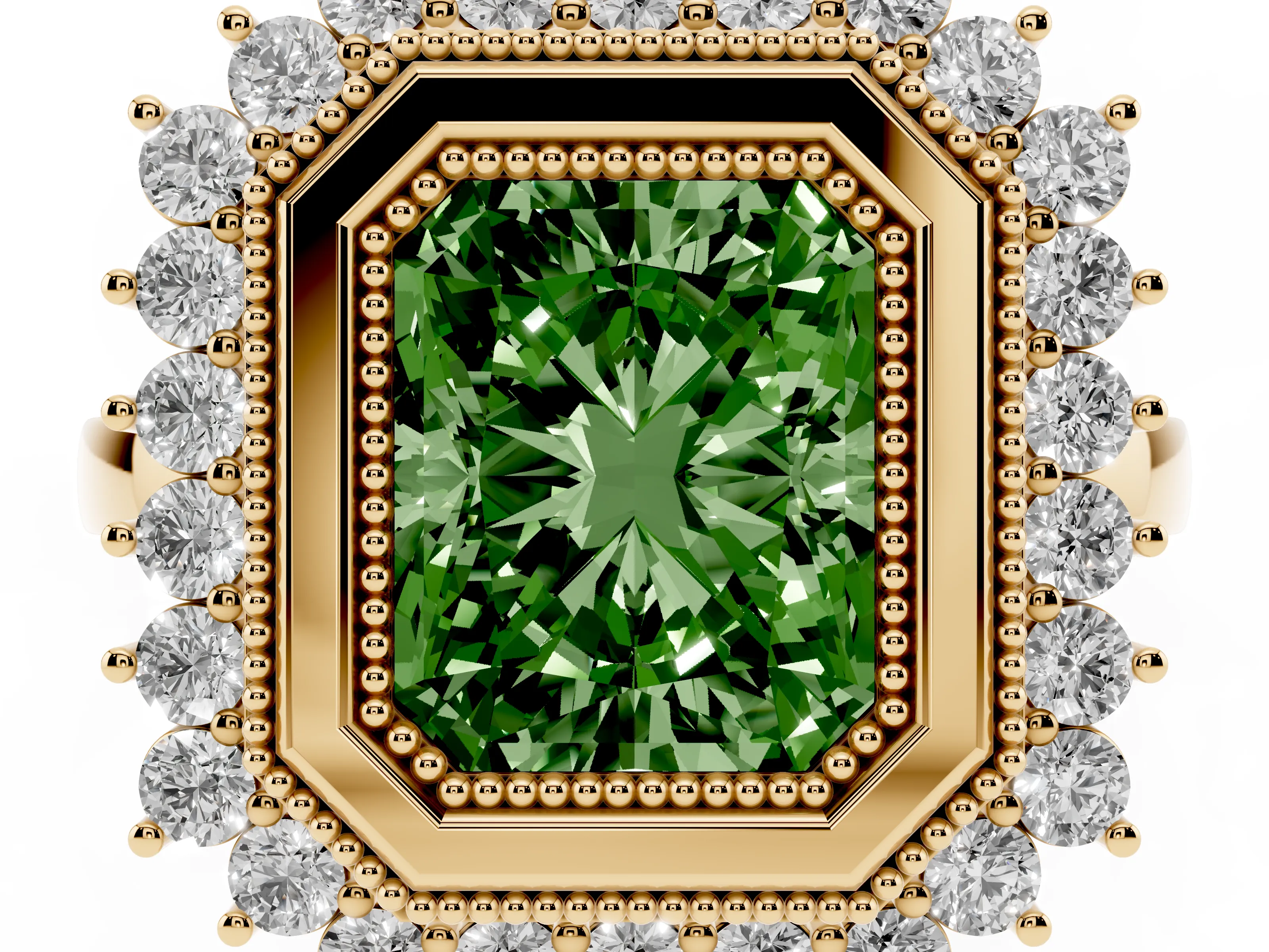 Fancy Green Radiant Cut Diamond Halo Ring Set in Yellow gold with Milgrain Edge and Round Prong Setting