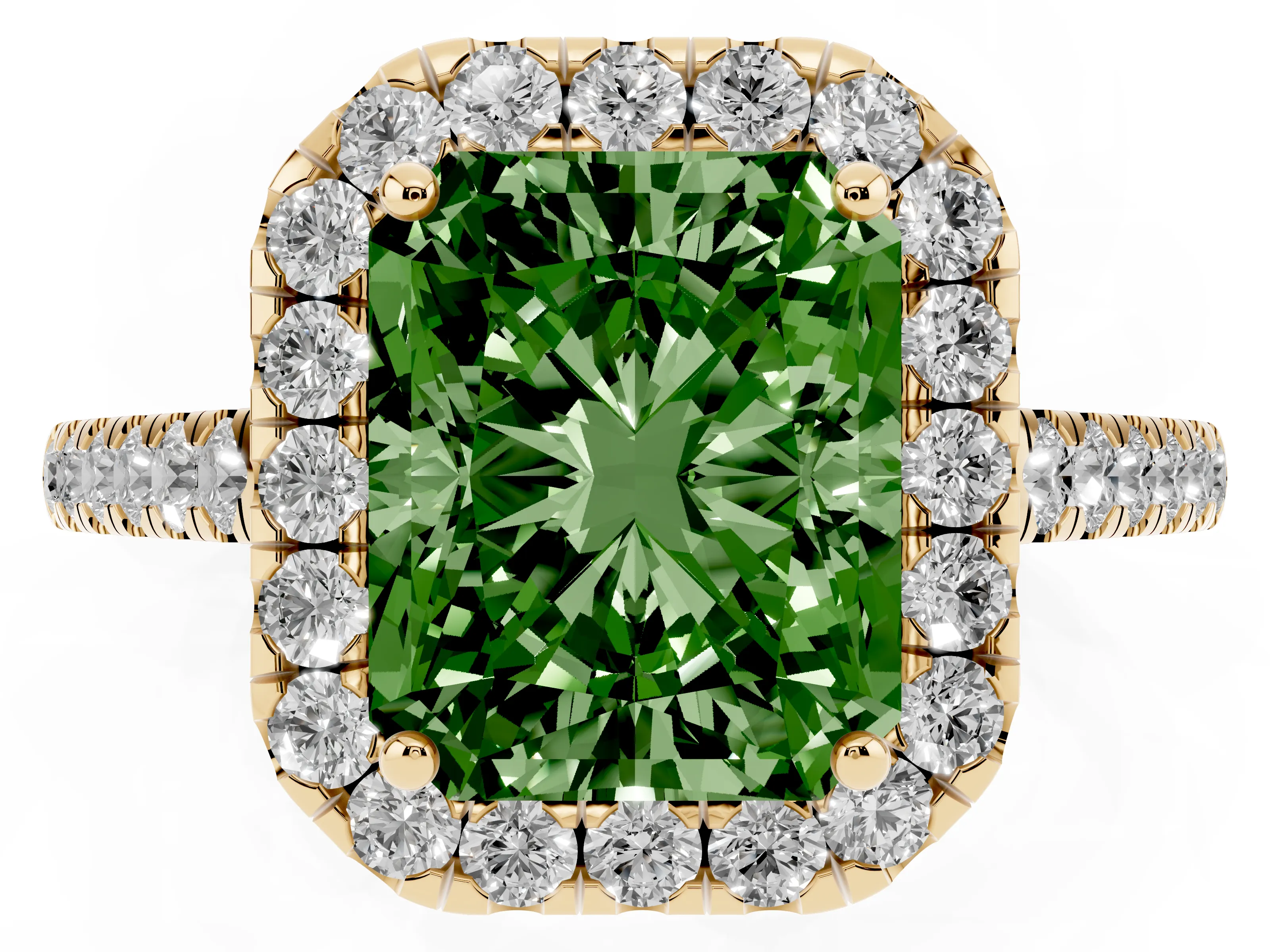 Fancy Green Radiant Cut Diamond Halo Pavé Engagement Ring Set in Yellow gold with Prong Setting