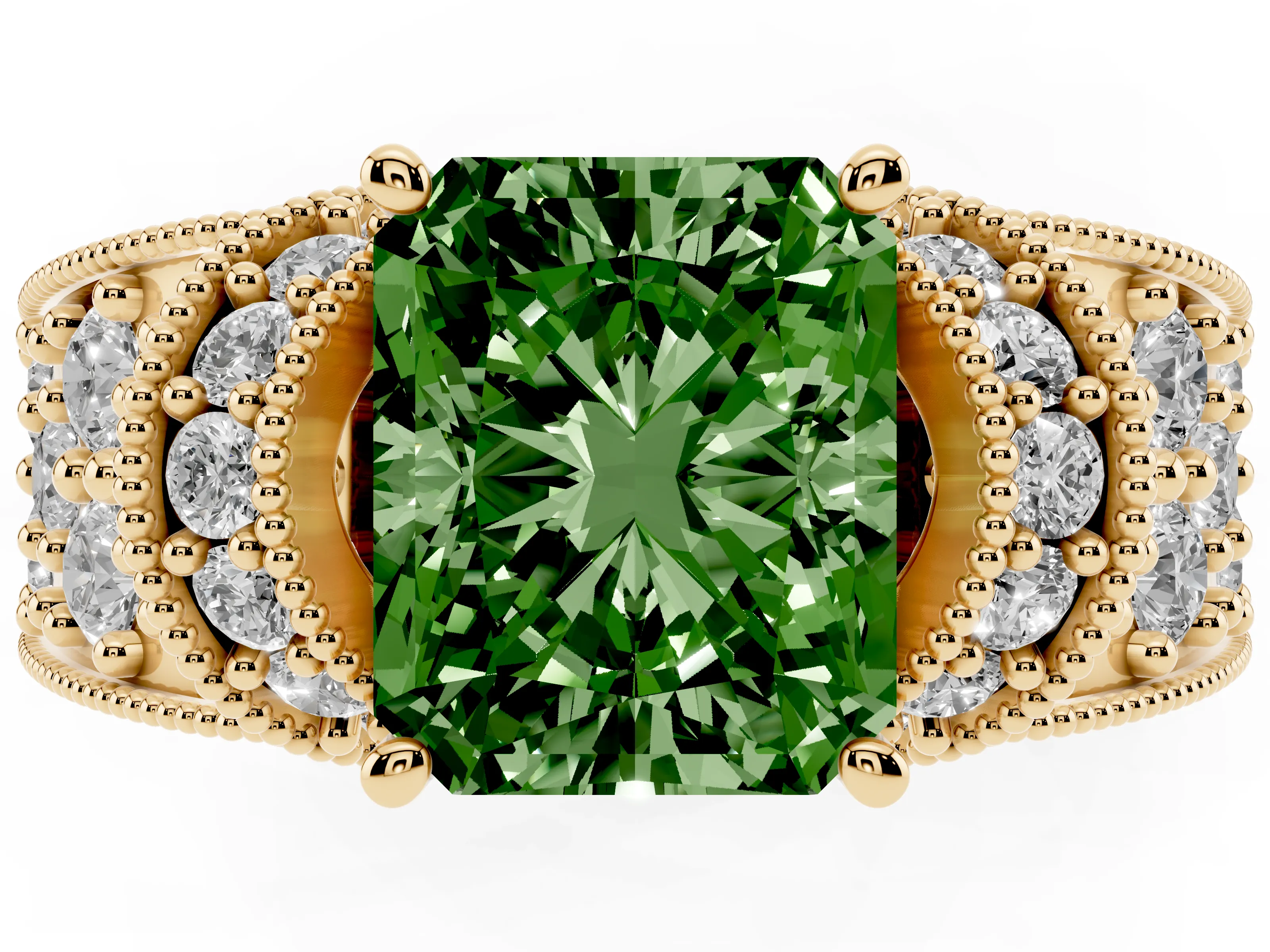 Fancy Green Radiant Cut Diamond Milgrain Halo Pavé Engagement Ring Set in Yellow gold with Prong Setting