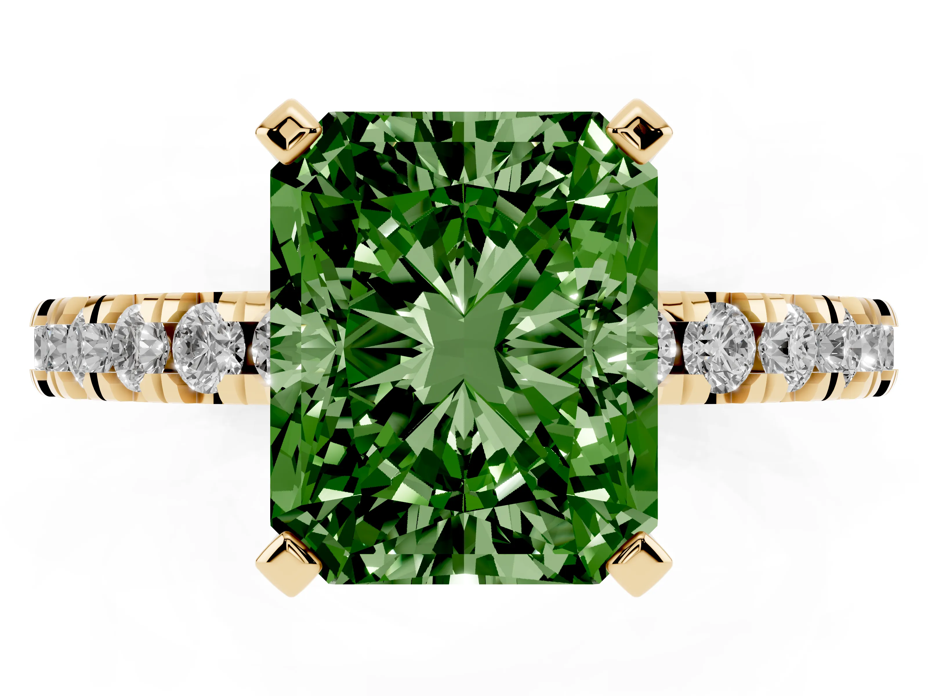 Fancy Green Radiant Cut Diamond Pavé Band Solitaire Set in Yellow gold with Prong Setting
