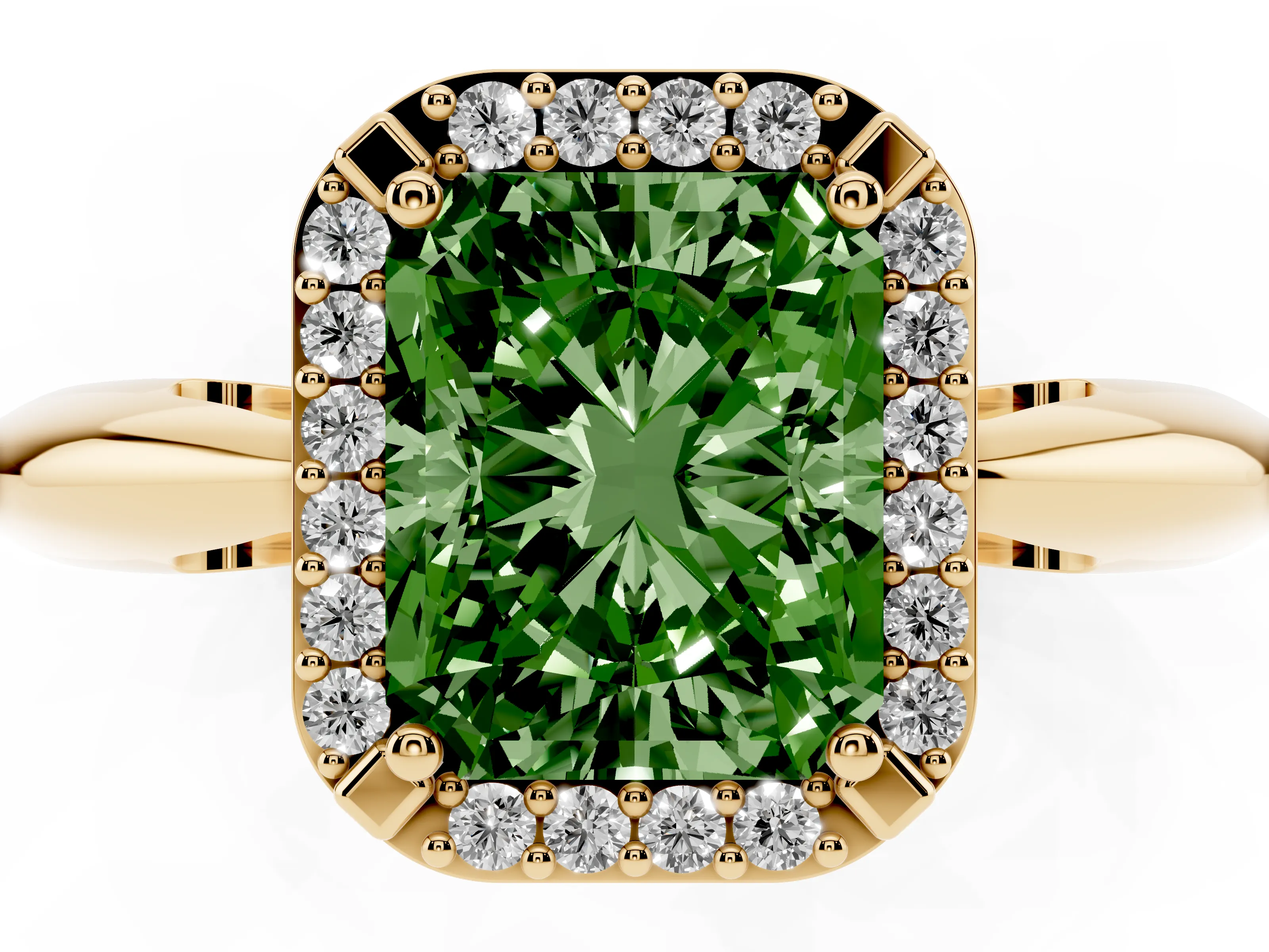 Fancy Green Radiant Cut Diamond Halo Engagement Ring Set in Yellow gold with Plain Split Shank and Prong Setting