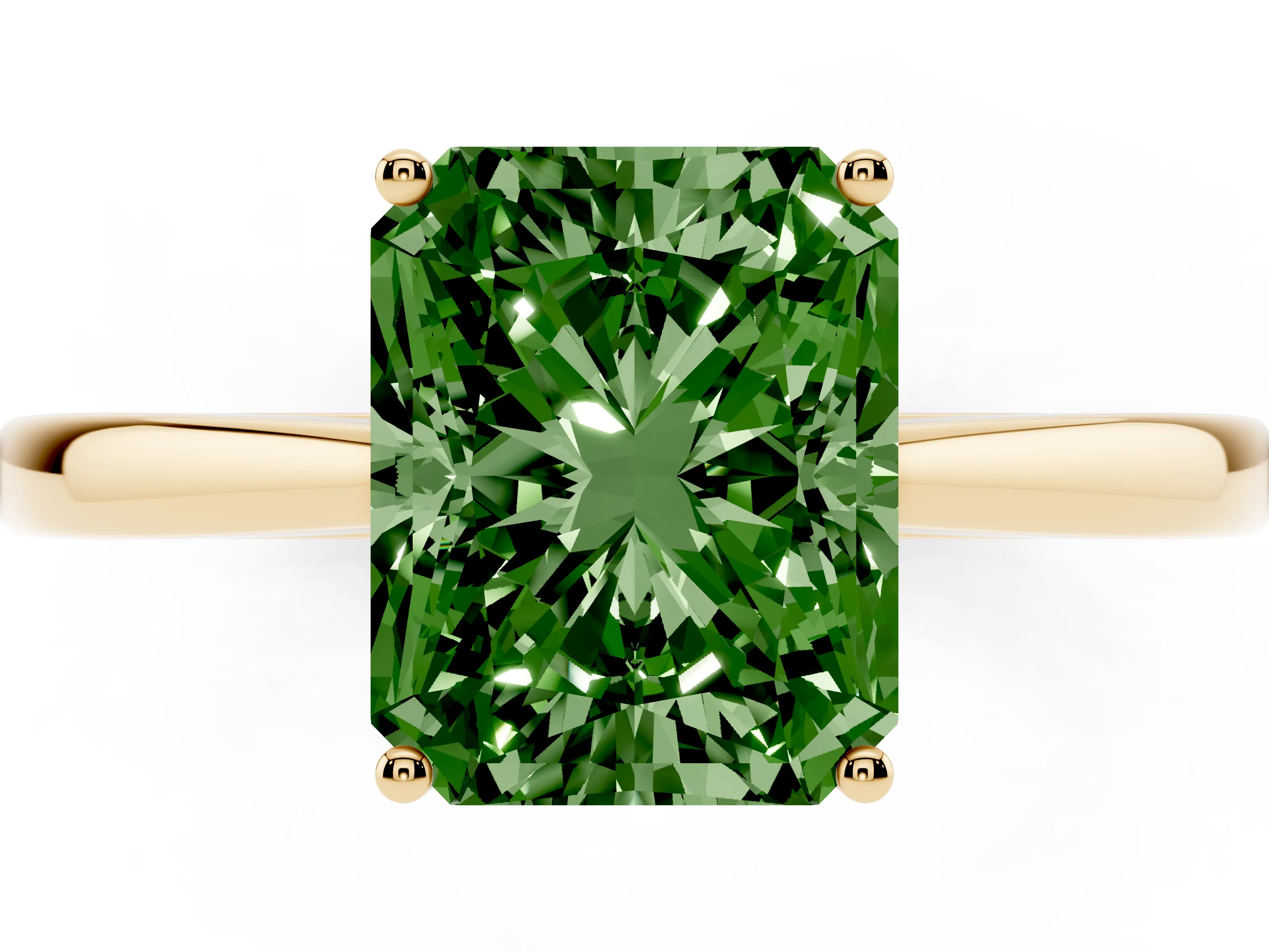 Fancy Green Radiant Cut Diamond Solitaire Ring Set in Yellow gold with Split Shank and Prong Setting