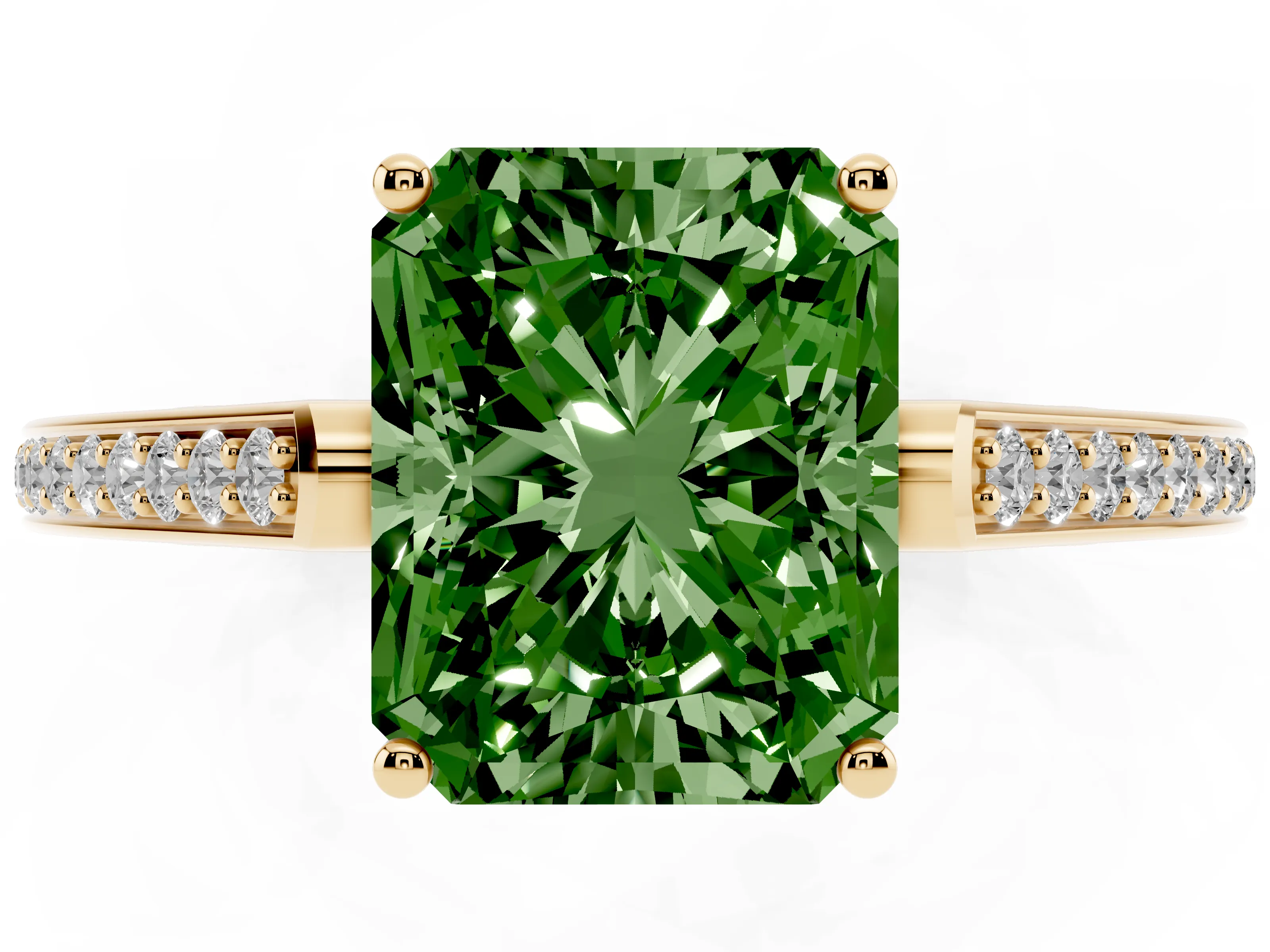 Fancy Green Radiant Cut Diamond Cathedral Pavé Engagement Ring Set in Yellow gold with Prong Setting