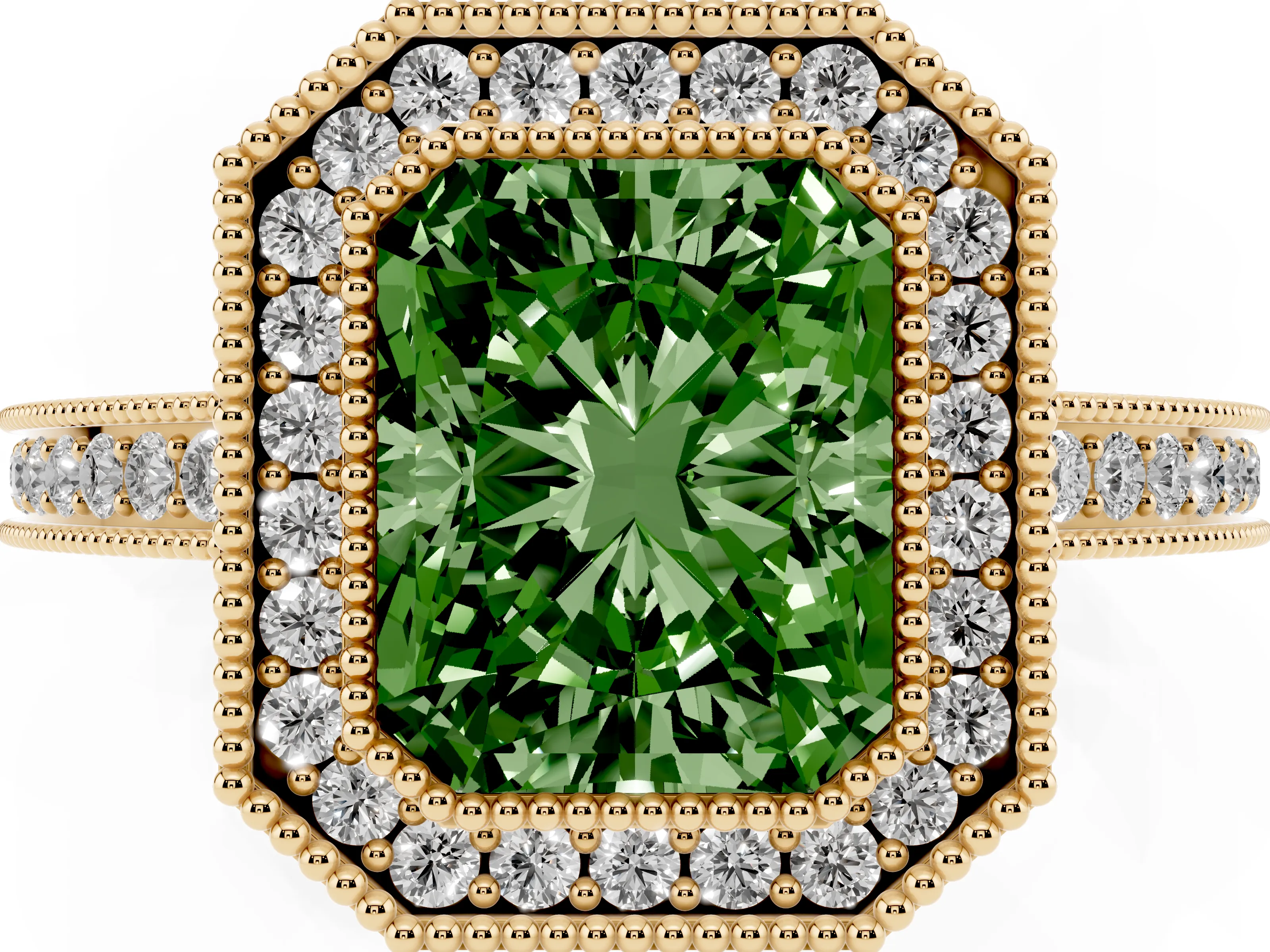 Fancy Green Radiant Cut Diamond Halo Ring Set in Yellow gold with Pavé Band and Milgrain-Edged Prongs
