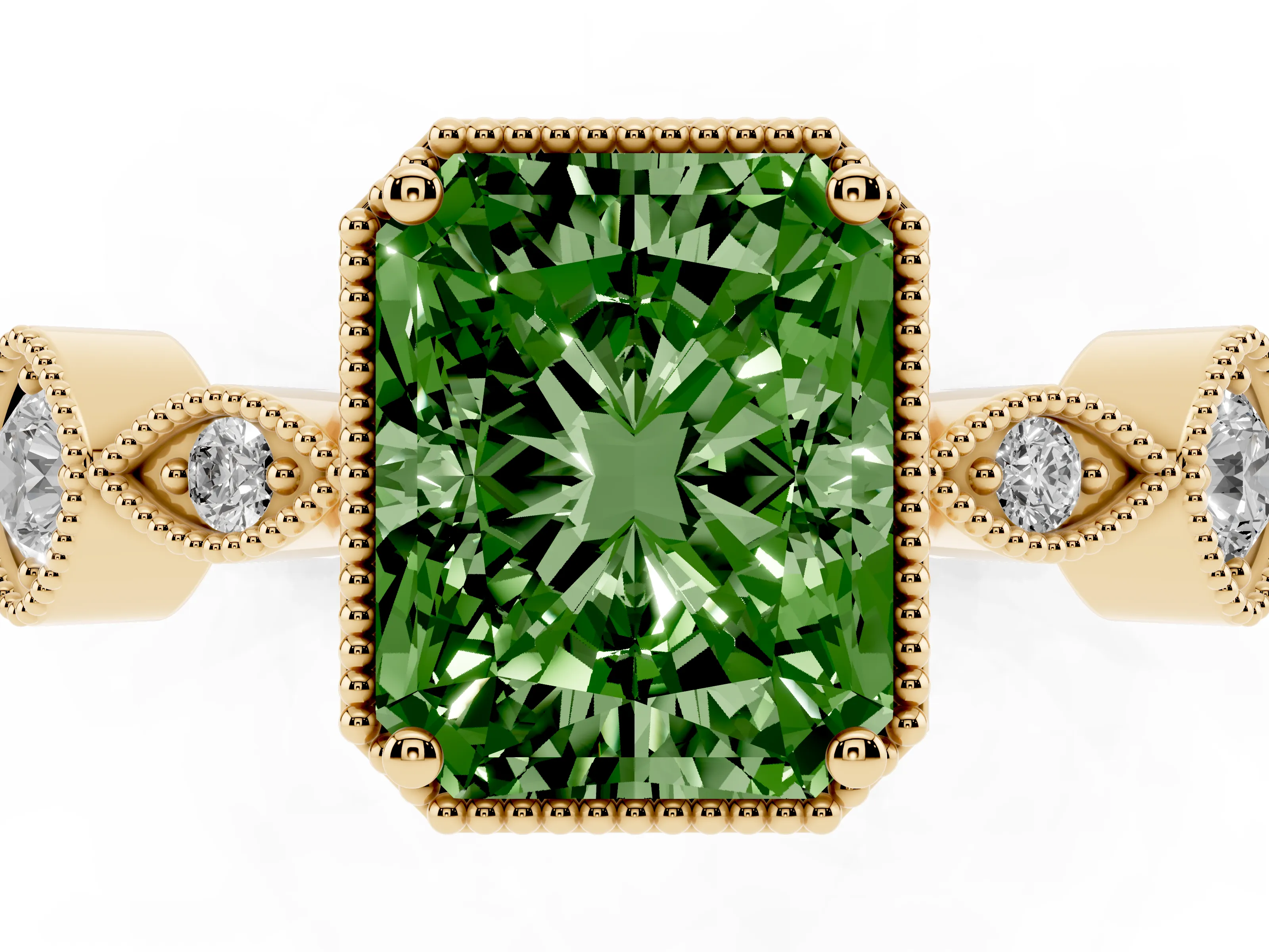 Fancy Green Radiant Cut Diamond Vintage-Inspired Milgrain Ring Set in Yellow gold with Marquise Stations of Round Accents