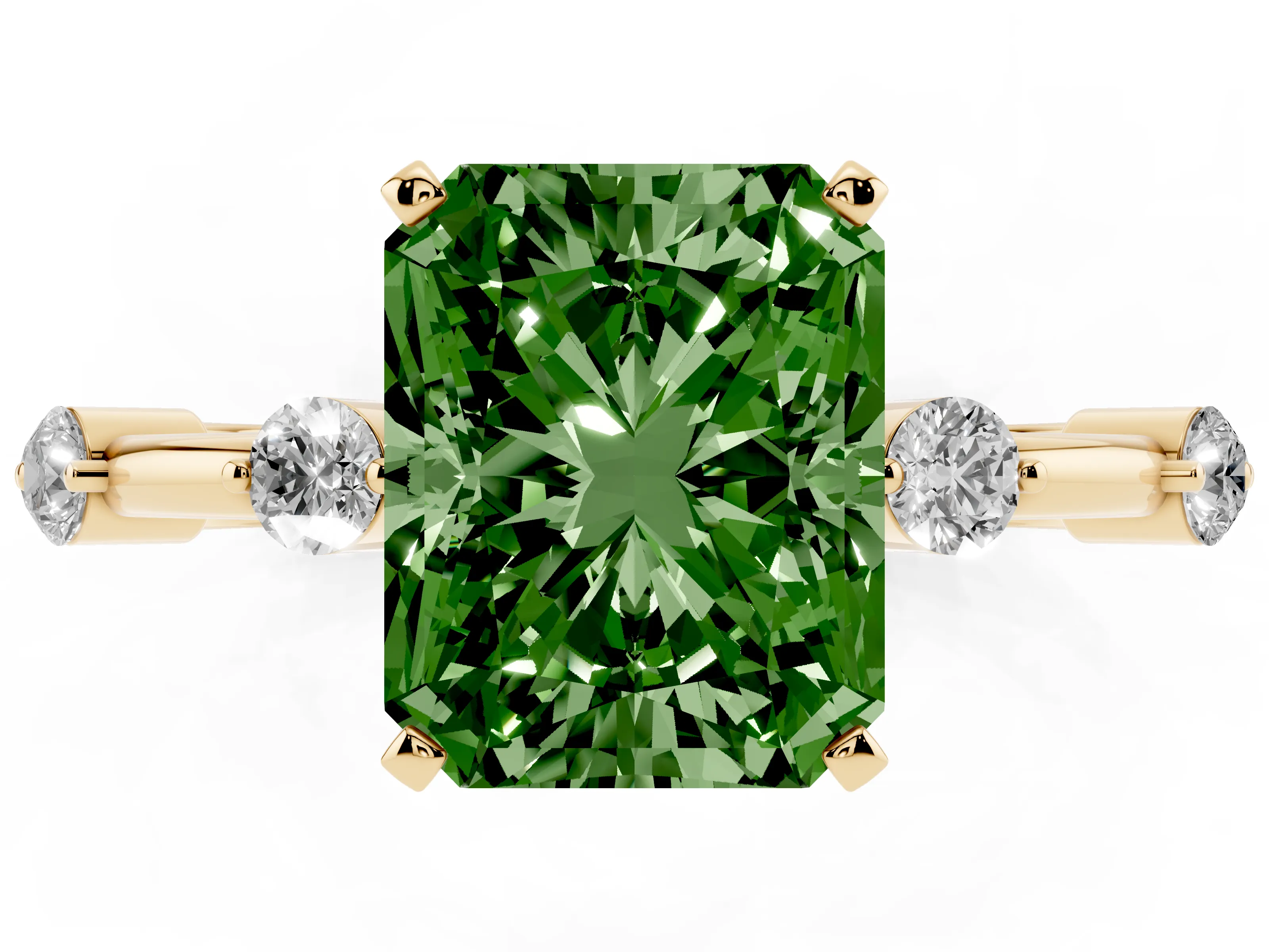Fancy Green Radiant Cut Diamond Solitaire Ring Set in Yellow gold with Bezel Set Side Stones and Prong Setting