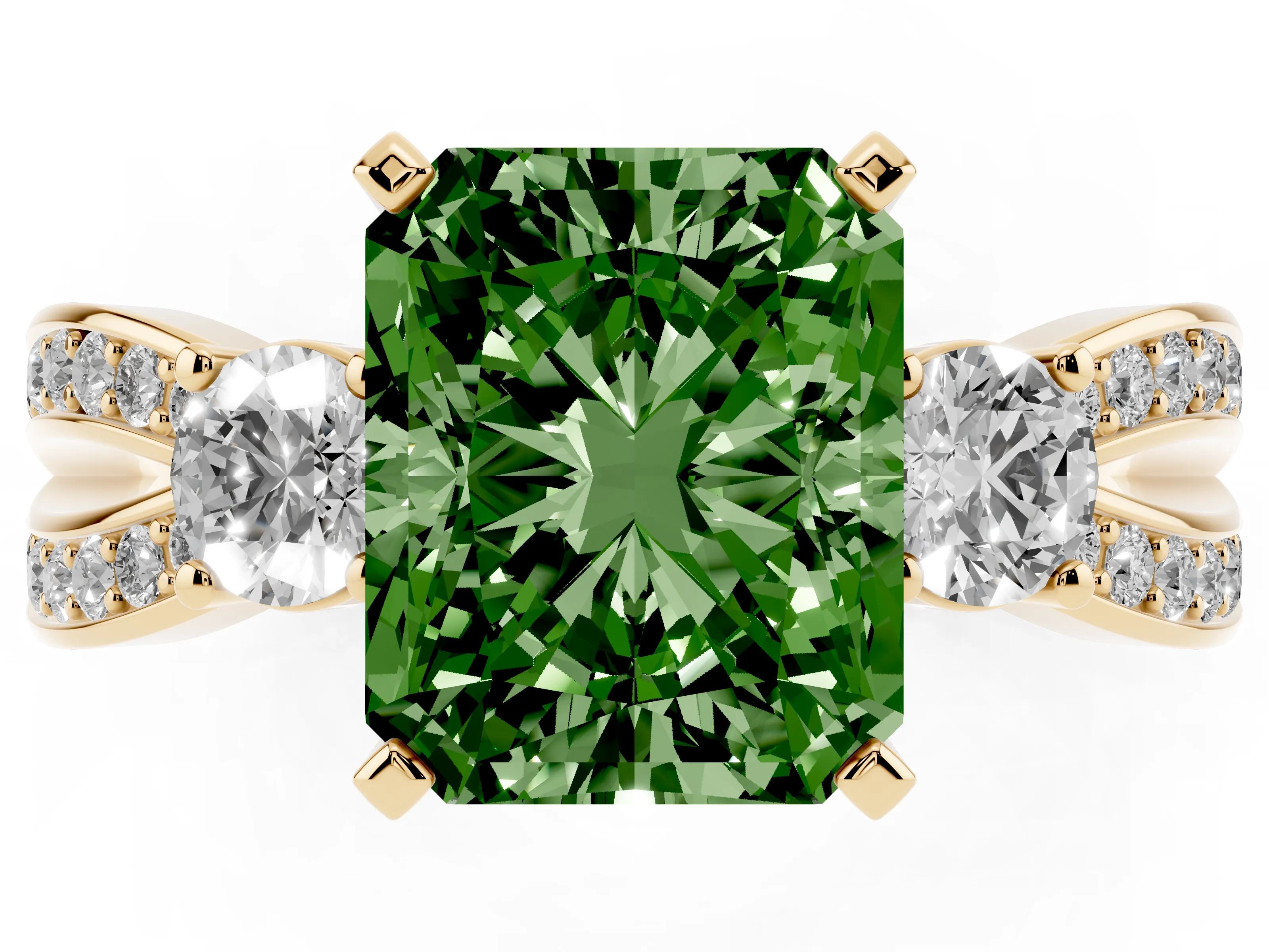 Fancy Green Three-Stone Radiant Cut Diamond Twist Band Ring Set in Yellow gold with Pavé Accents and Prong Setting