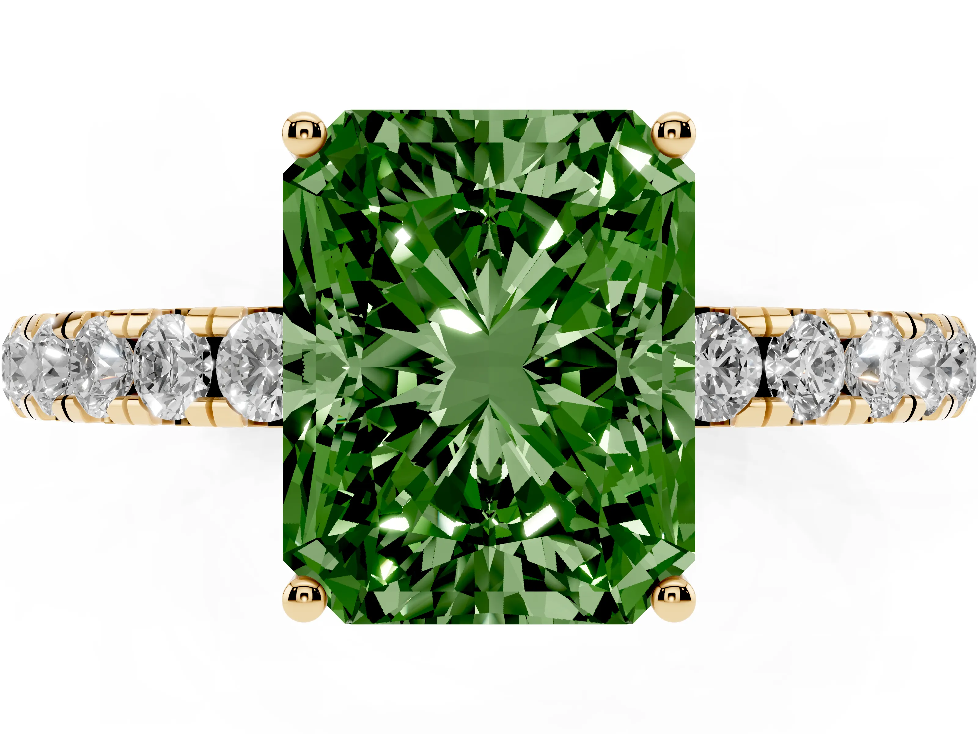 Fancy Green Radiant Cut Diamond Pavé Solitaire Engagement Ring Set in Yellow gold with Prong Setting