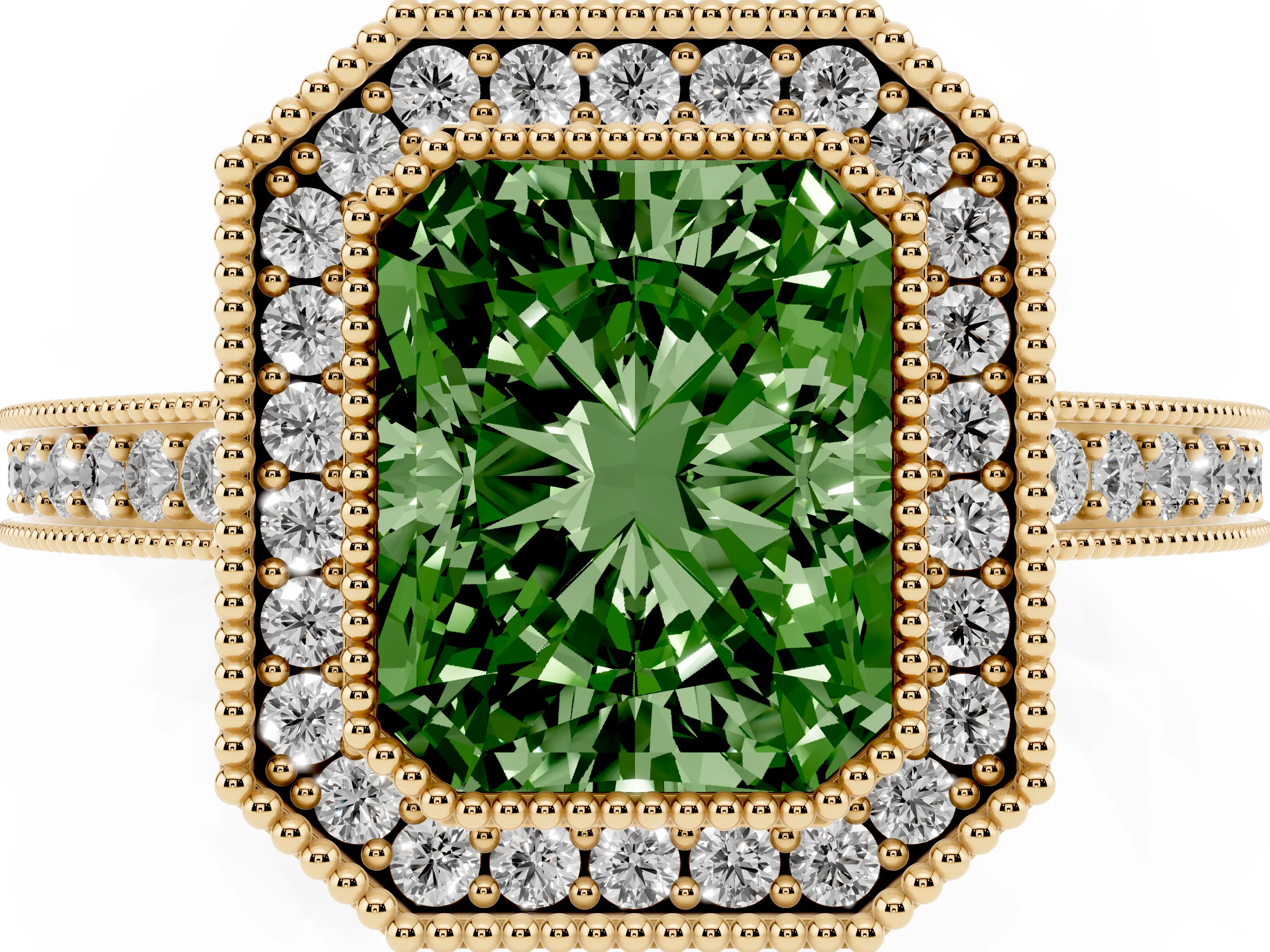 Fancy Green Radiant Cut Diamond Round Halo Ring Set in Yellow gold with Pavé Band