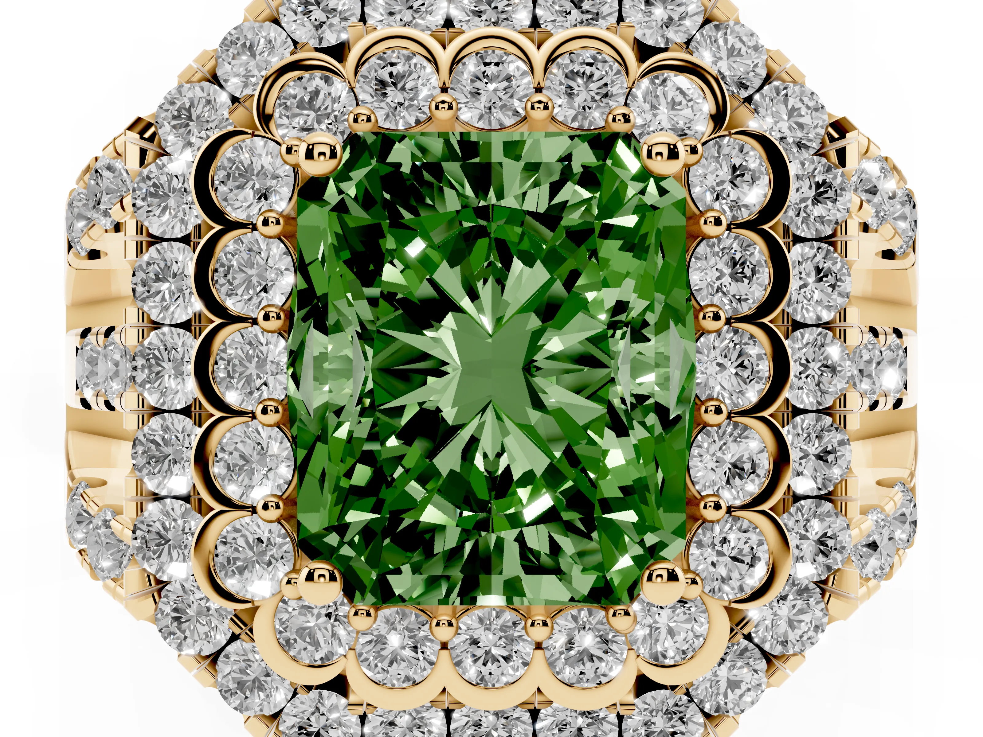 Fancy Green Radiant Cut Diamond Double Halo Ring Set in Yellow gold with Round Pavé Split Shank