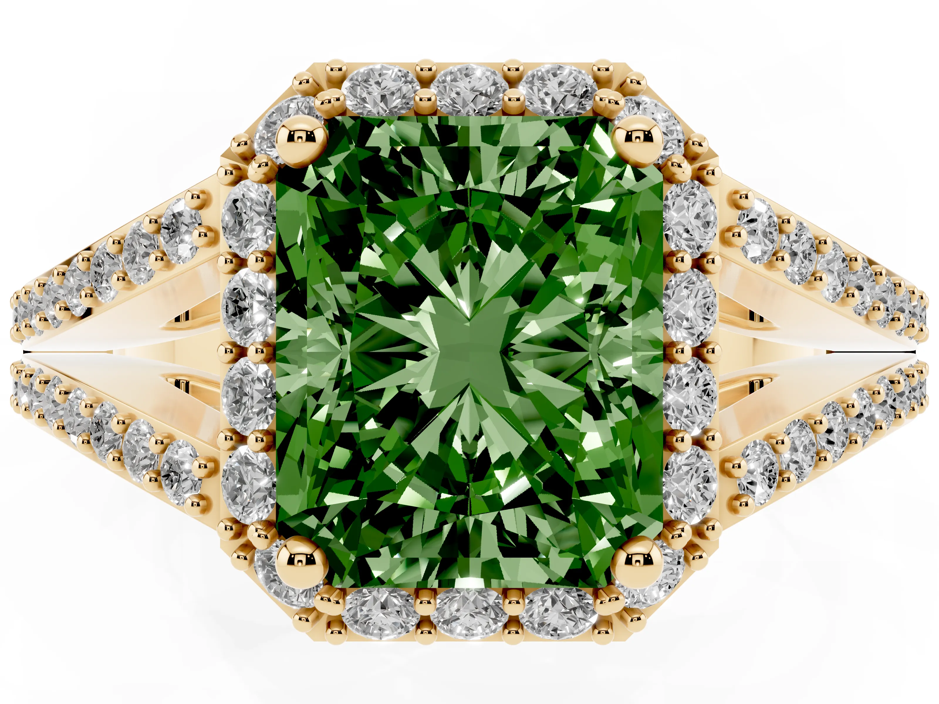 Fancy Green Radiant Cut Diamond Halo Split Shank Pavé Ring Set in Yellow gold with Prong Setting