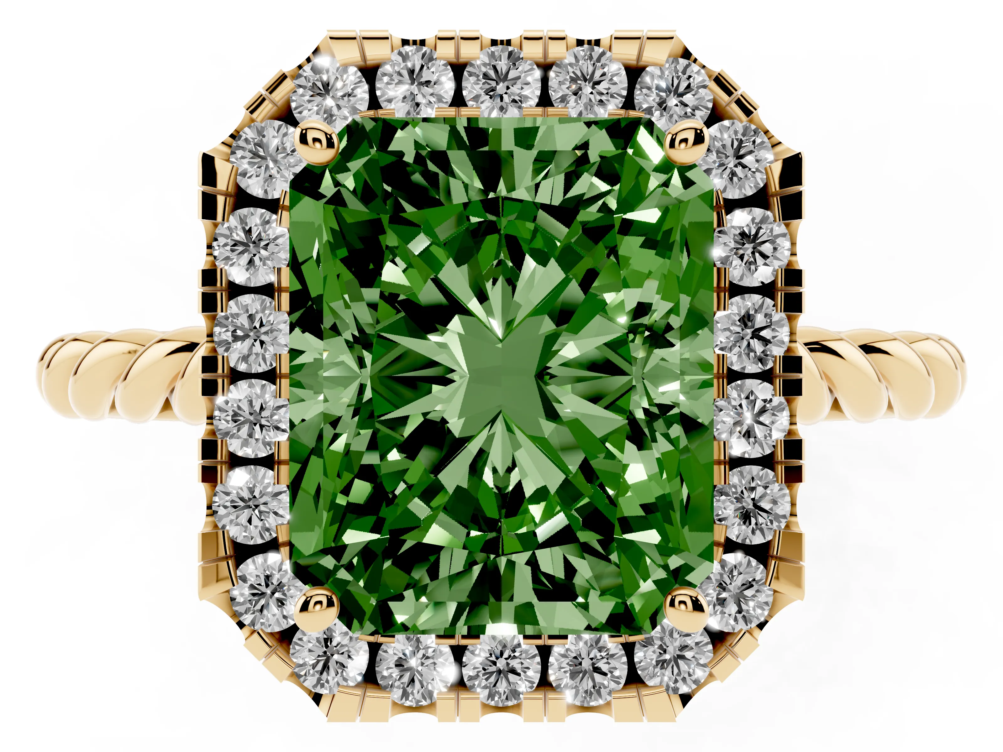Fancy Green Radiant Cut Diamond Halo Ring Set in Yellow gold with Plain Twisted Band