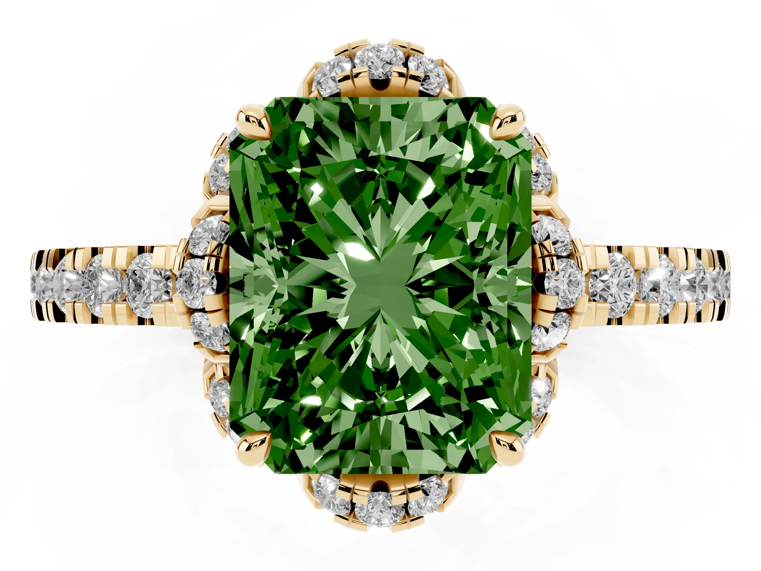 Fancy Green Radiant Cut Diamond Halo Pavé Band Ring Set in Yellow gold with Prong-Held Center
