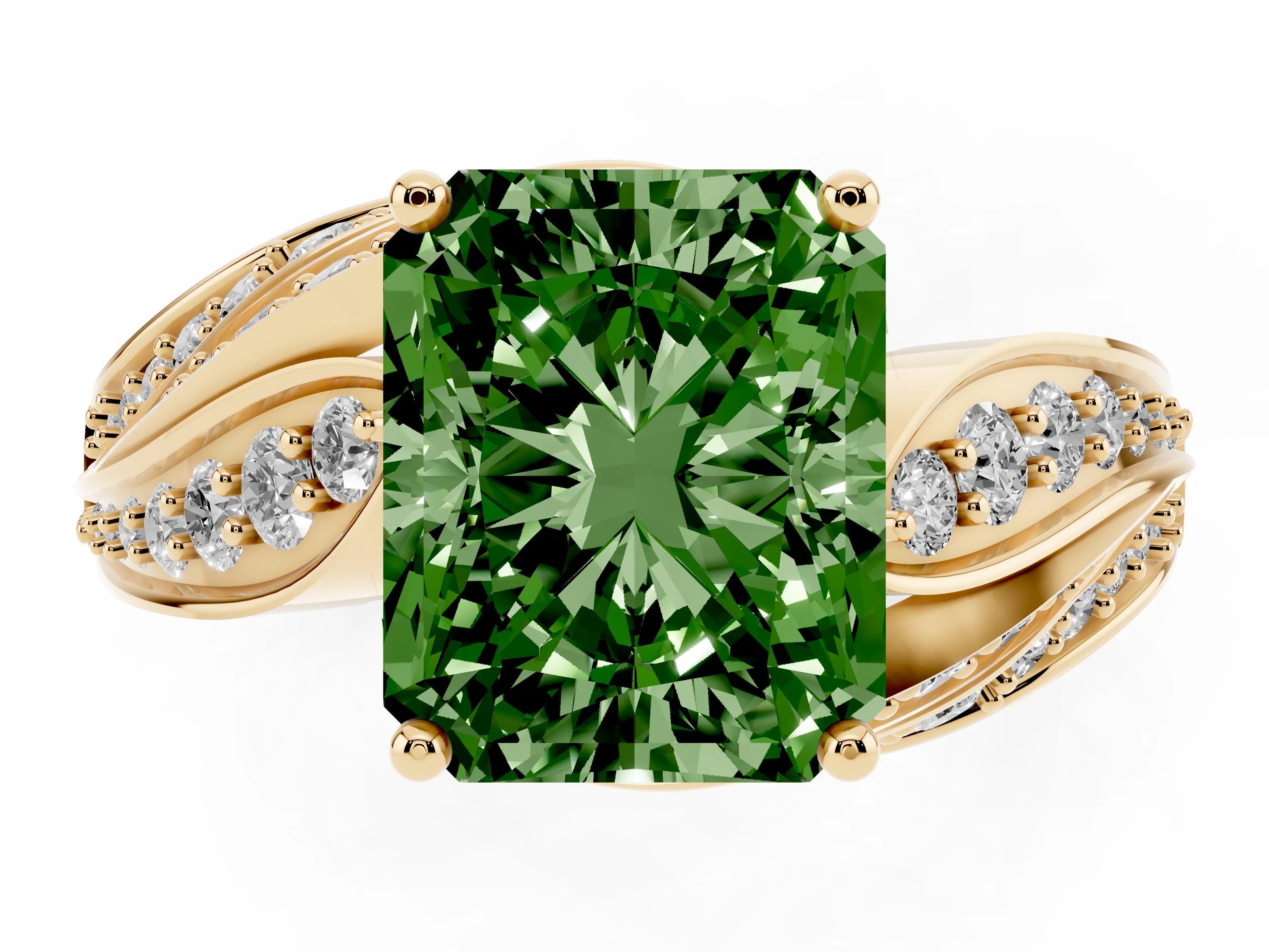 Fancy Green Radiant Cut Diamond Solitaire Ring Set in Yellow gold with Layered Twist Pavé Band