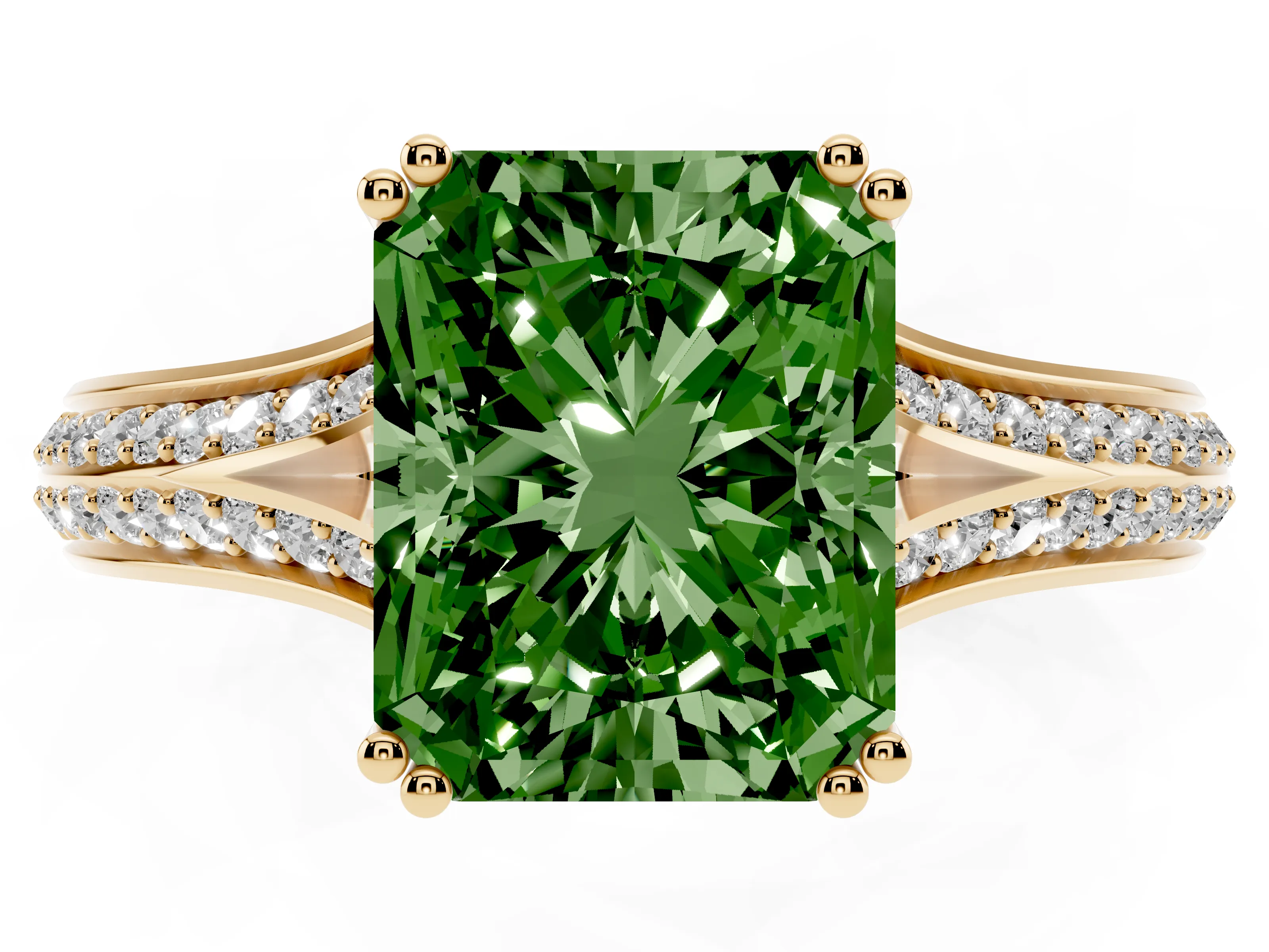 Fancy Green Radiant Cut Diamond Split Shank Pavé Engagement Ring Set in Yellow gold with Prong-Set Center Stone