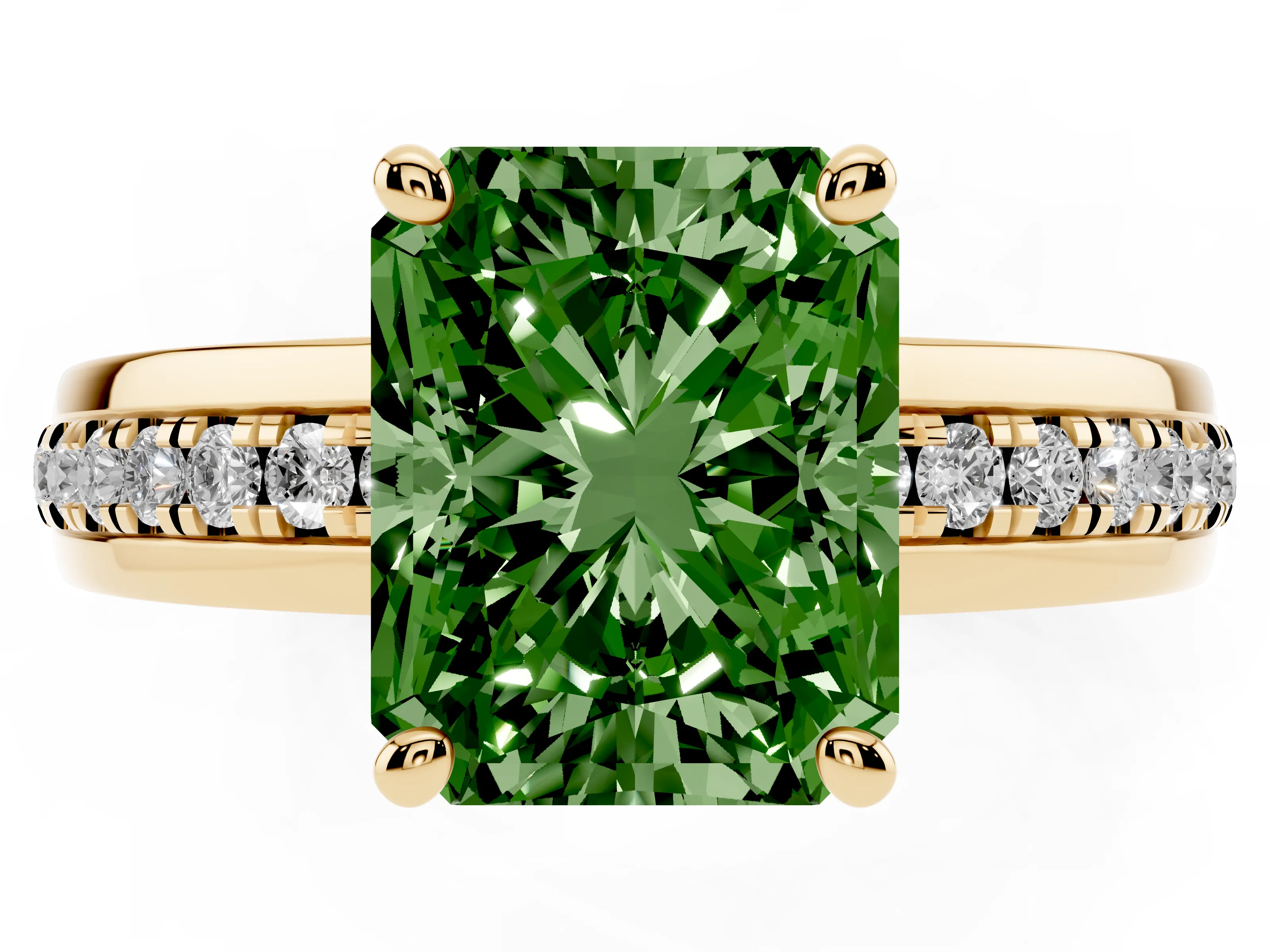 Fancy Green Radiant Cut Diamond Solitaire Ring Set in Yellow gold with Channel Set Band and Prong Setting