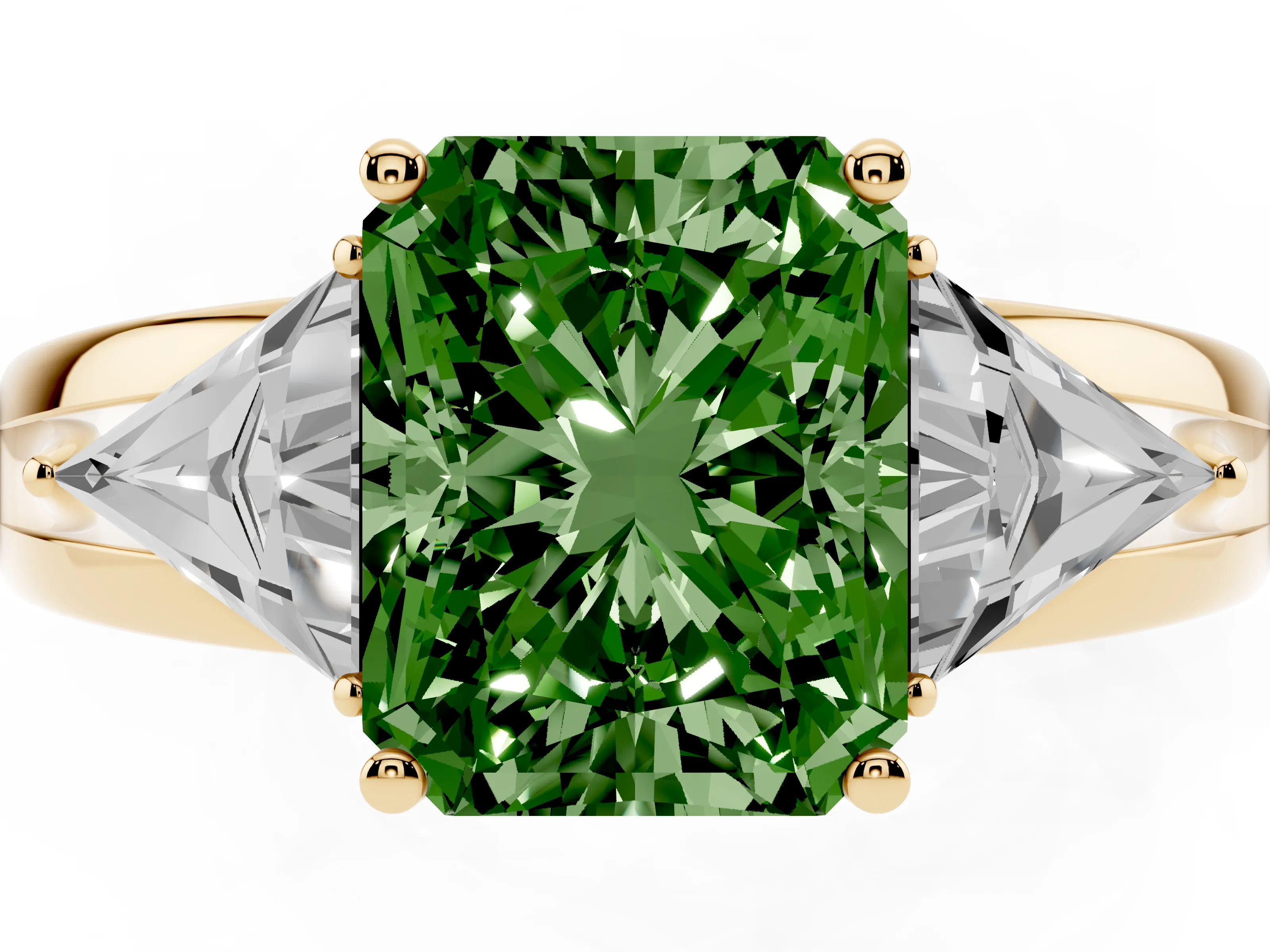 Fancy Green Radiant Cut Diamond Three-Stone Ring Set in Yellow gold with Trillion Side Stones and Split Shank