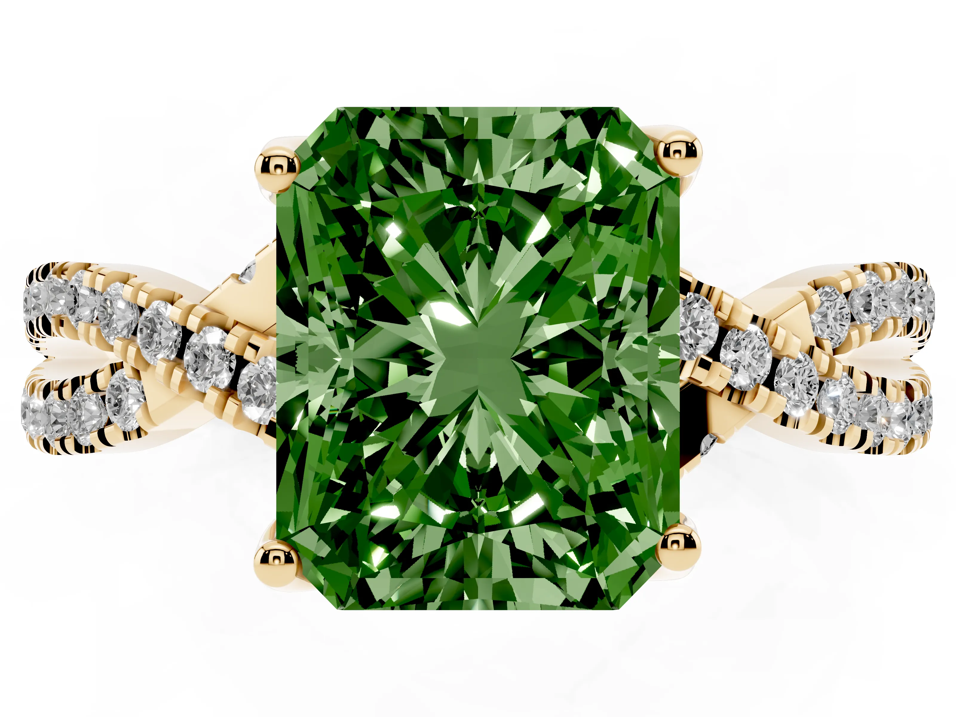 Fancy Green Radiant Cut Diamond Twist Pavé Solitaire Engagement Ring Set in Yellow gold with Prong Setting