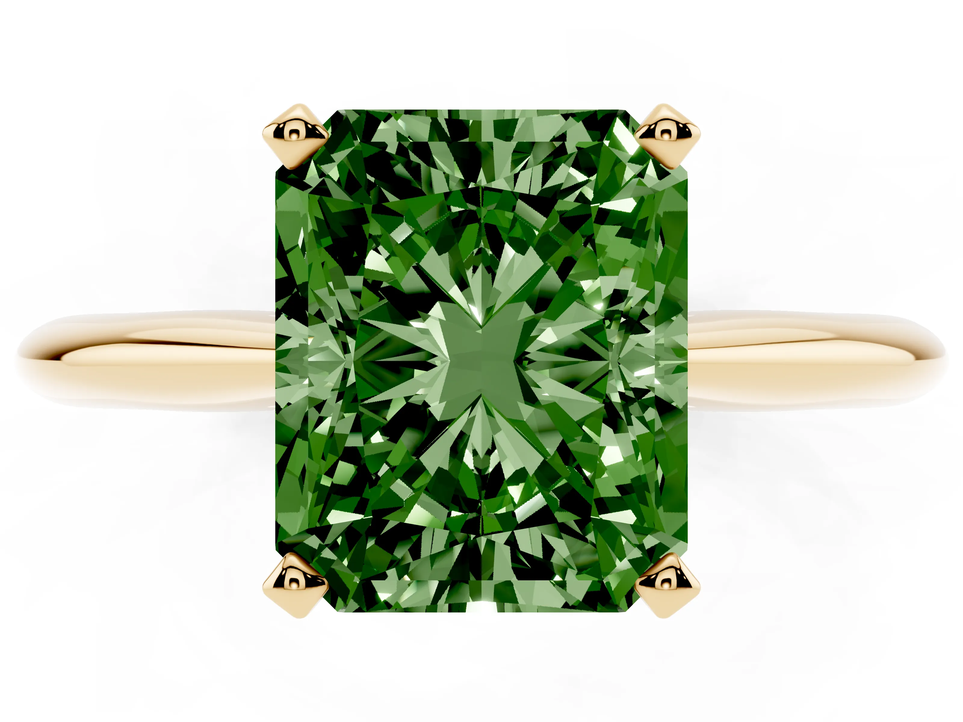 Fancy Green Radiant Cut Diamond Solitaire Ring Set in Yellow gold with Prong Setting on a Plain Round Band