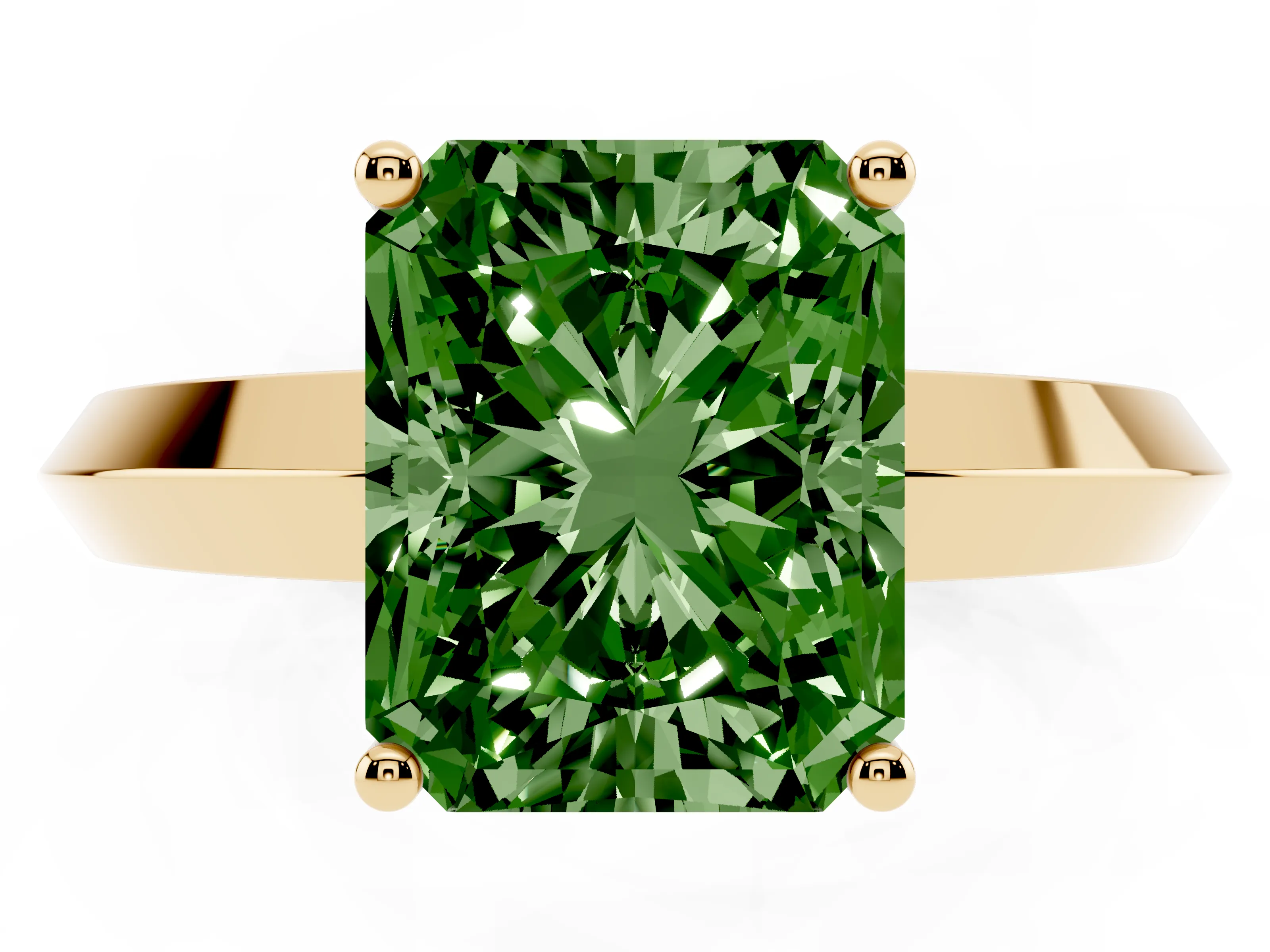 Fancy Green Radiant Cut Diamond Solitaire Engagement Ring Set in Yellow gold with Flat Band and Prong Setting