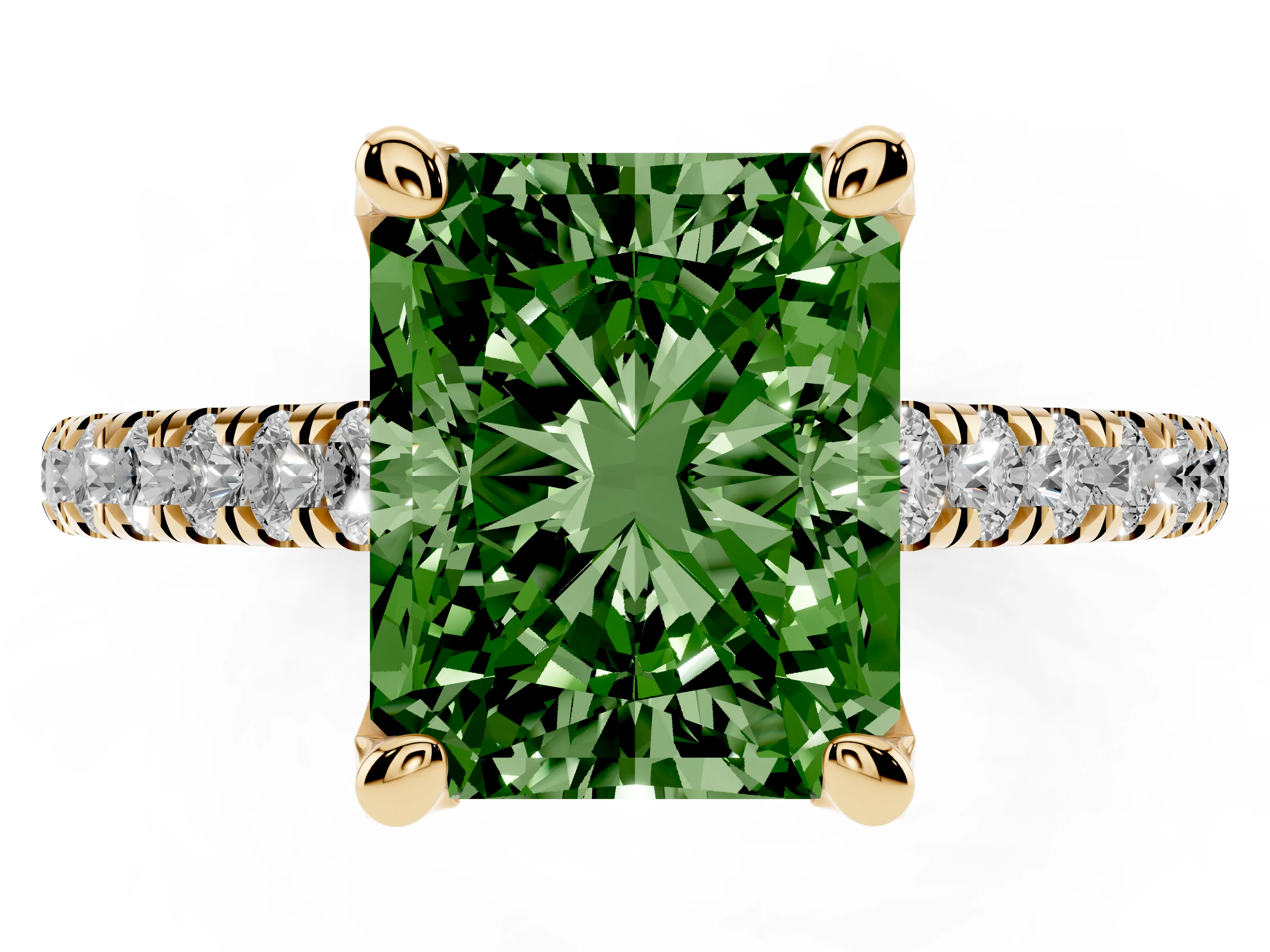 Fancy Green Radiant Cut Diamond Solitaire Ring Set in Yellow gold with Brilliant Pavé Band and Prong Setting