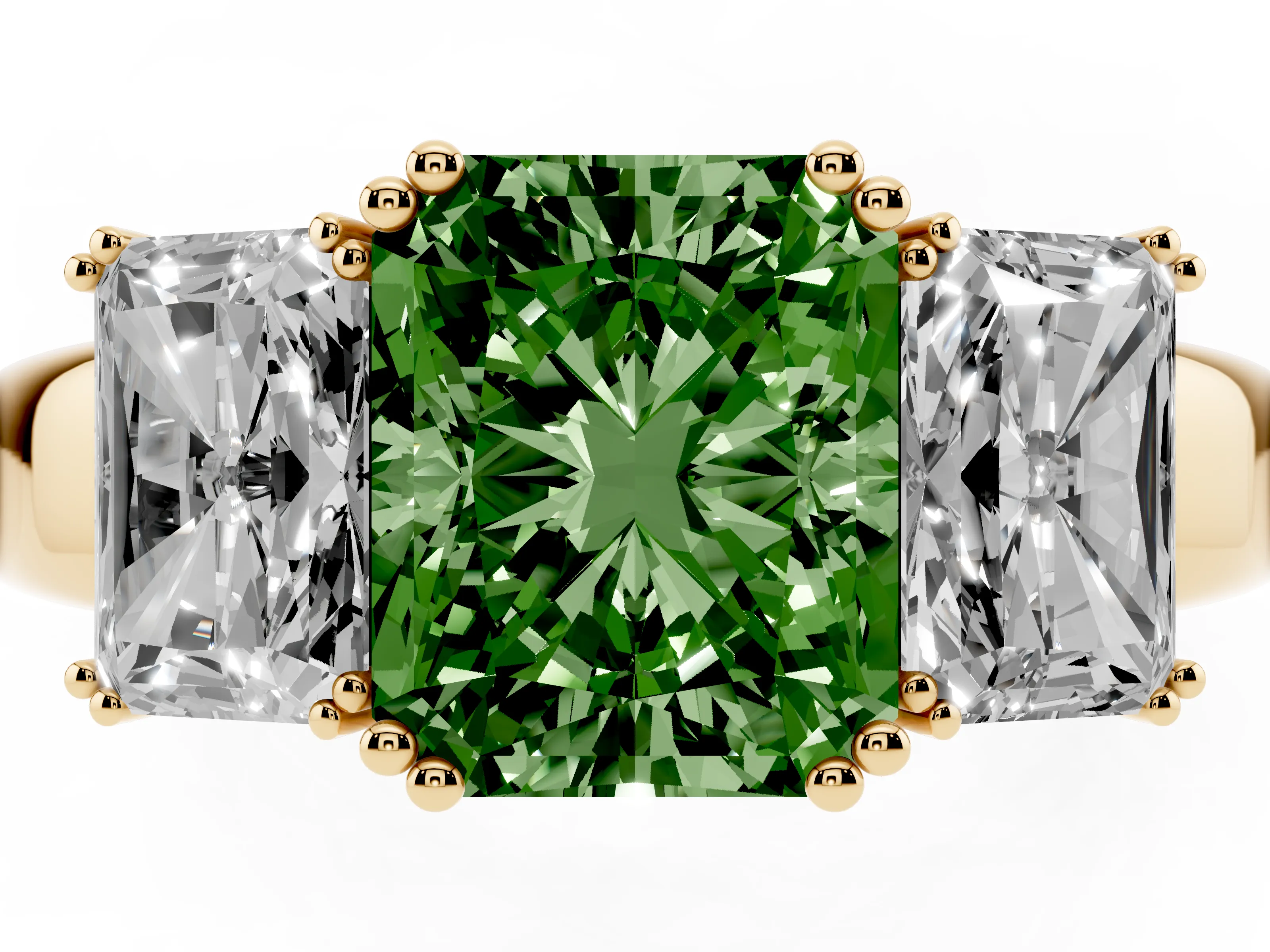 Fancy Green Radiant Cut Diamond Three-Stone Ring Set in Yellow gold with Polished Channel-Set Band