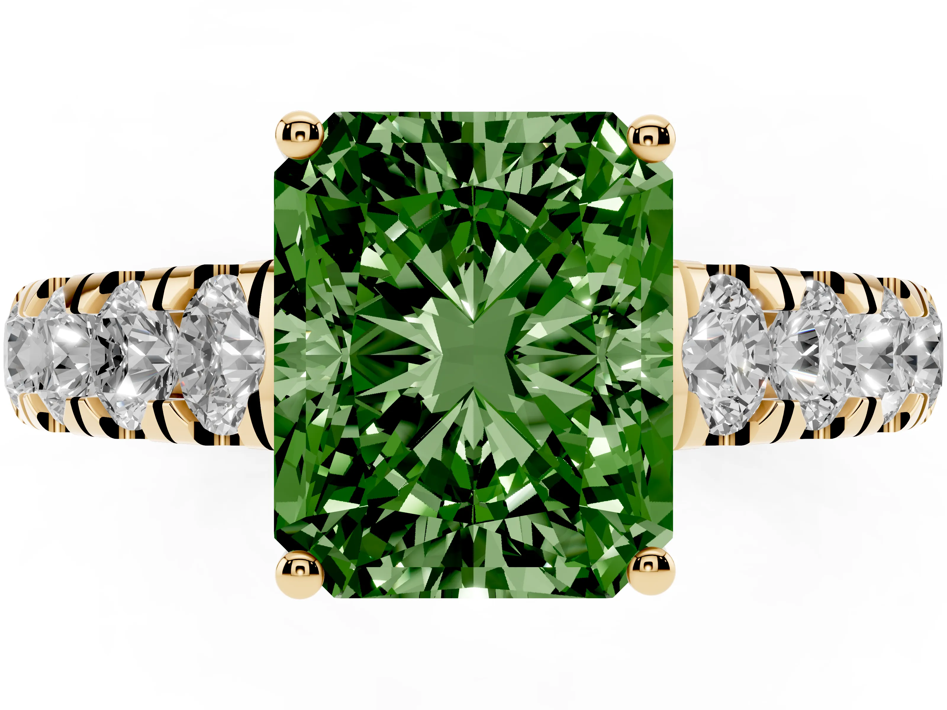 Fancy Green Radiant Cut Diamond Solitaire Ring Set in Yellow gold with Cut-Down Micro Pavé Band and Prong Setting