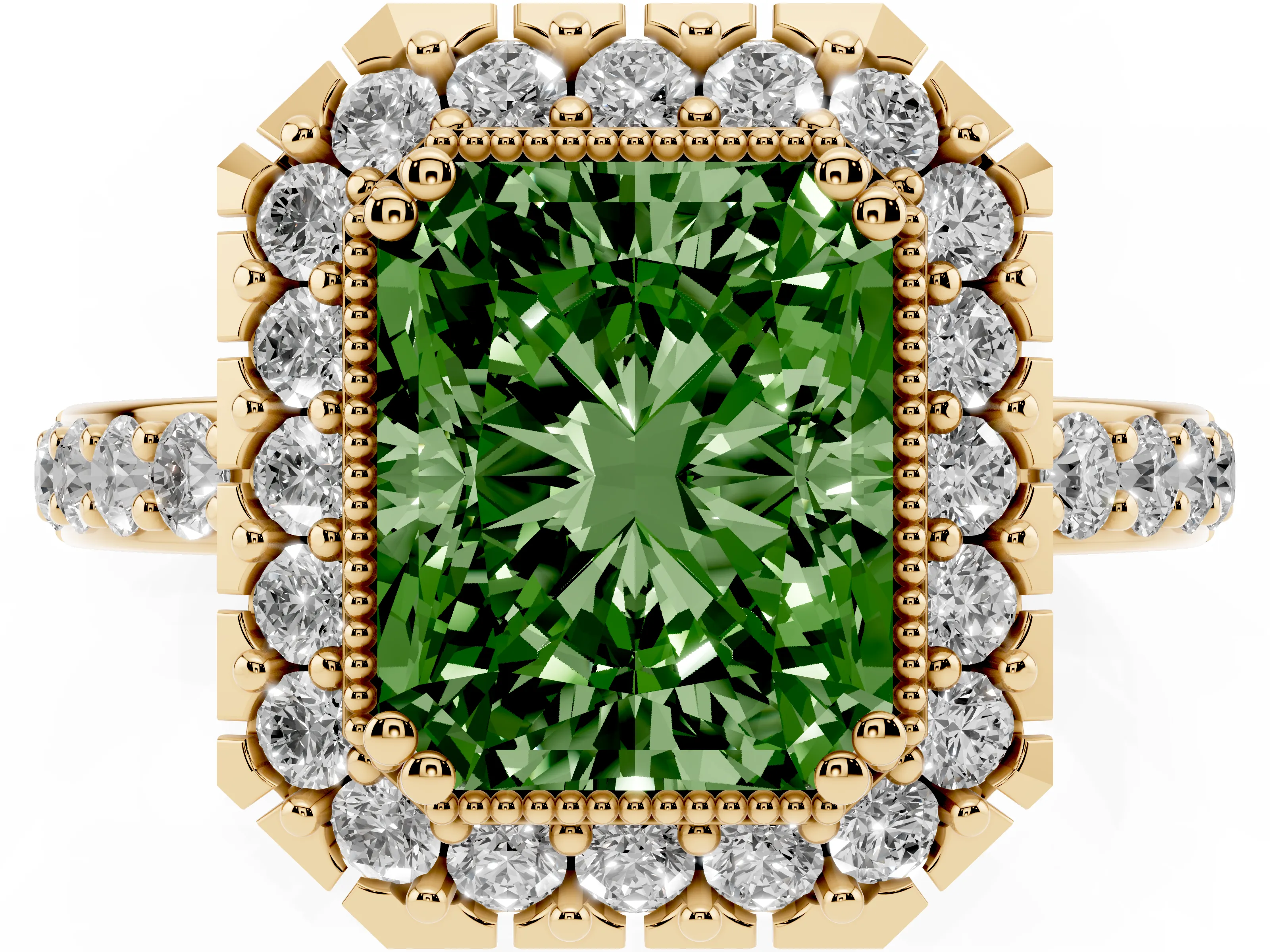 Fancy Green Radiant Cut Diamond Halo Ring Set in Yellow gold with Pavé Shank and Prong Setting