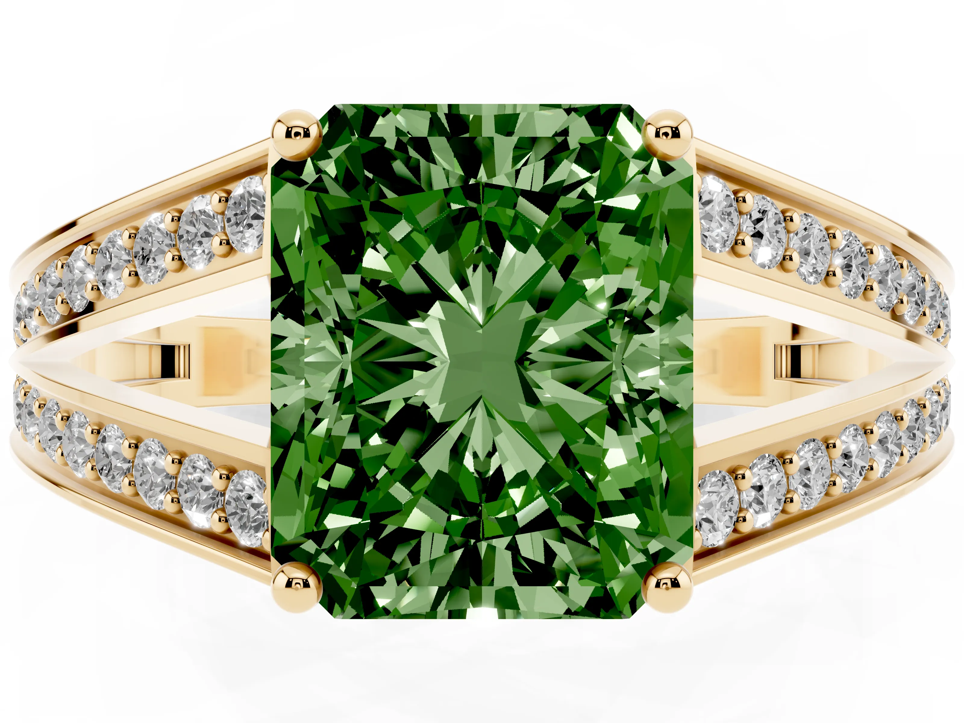 Fancy Green Radiant Cut Diamond Split Shank Ring Set in Yellow gold with Pavé Band and Prong Setting