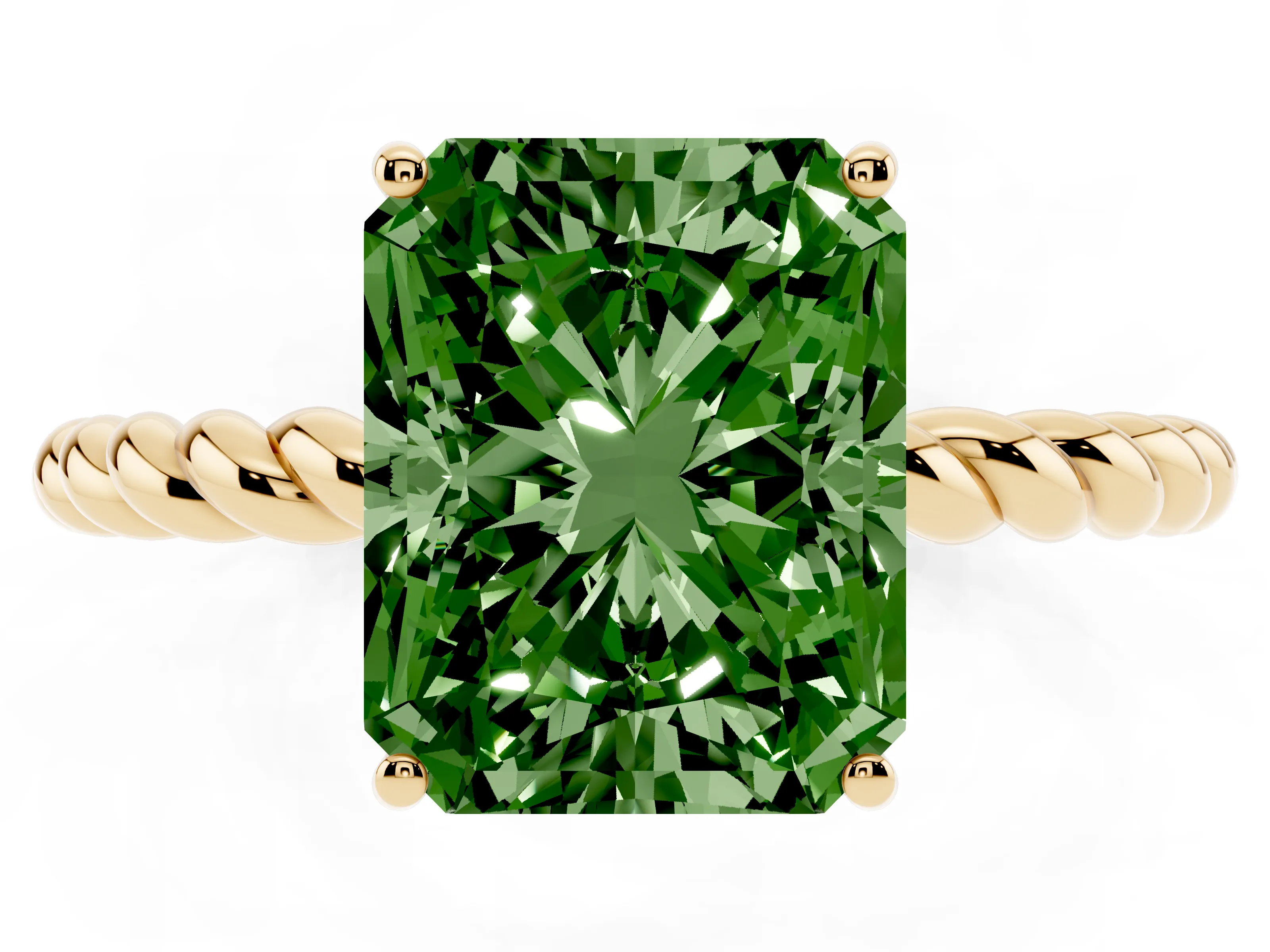 Fancy Green Radiant Cut Diamond Solitaire Ring Set in Yellow gold with Twist Band and Prong Setting