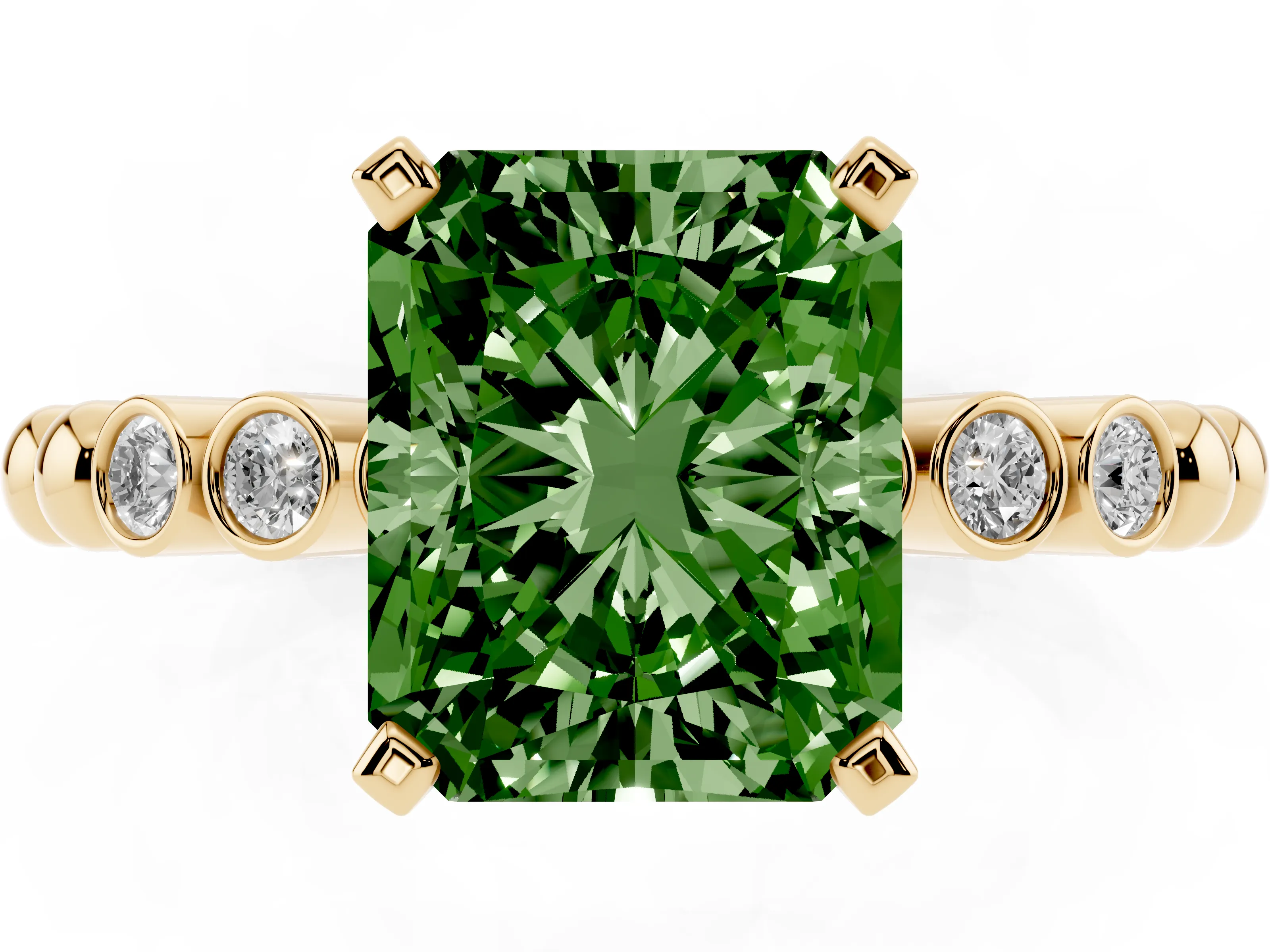 Fancy Green Radiant Cut Diamond Solitaire Engagement Ring Set in Yellow gold with Bezel Accents on Beaded Band