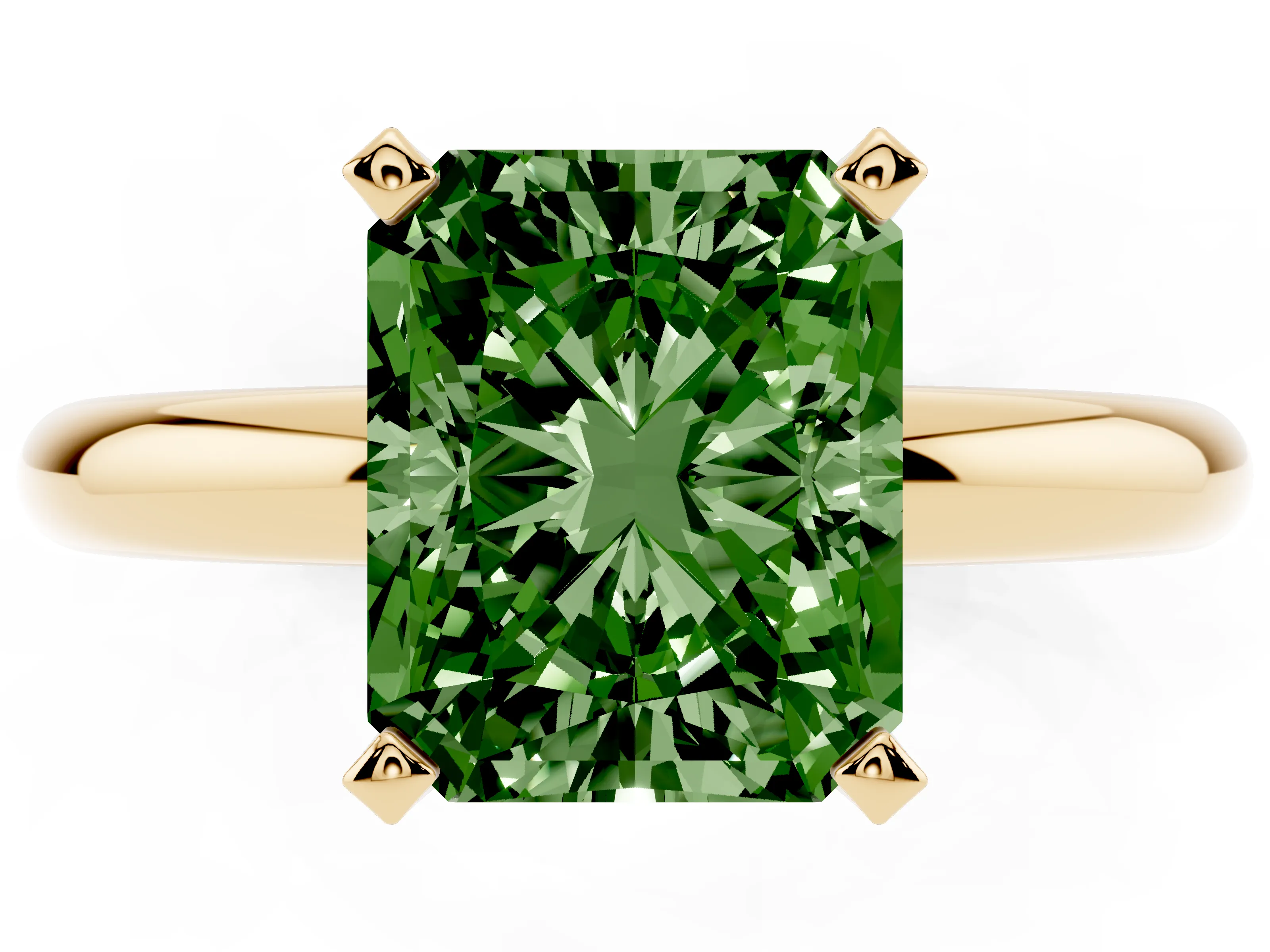 Fancy Green Radiant Cut Diamond Solitaire Engagement Ring Set in Yellow gold with Round Band and Prong Setting