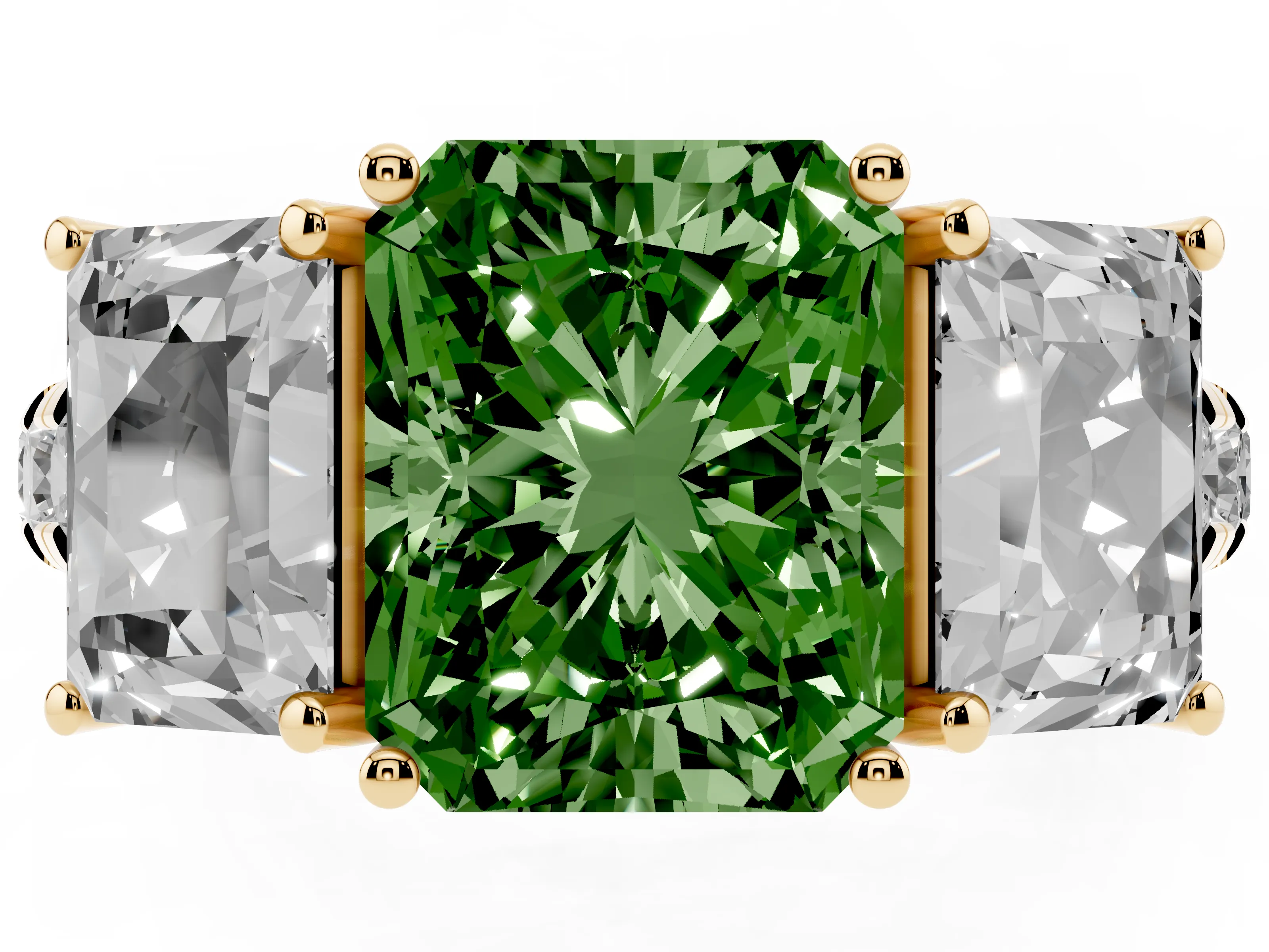 Fancy Green Radiant Cut Diamond Three-Stone Ring Set in Yellow gold with Pavé Band