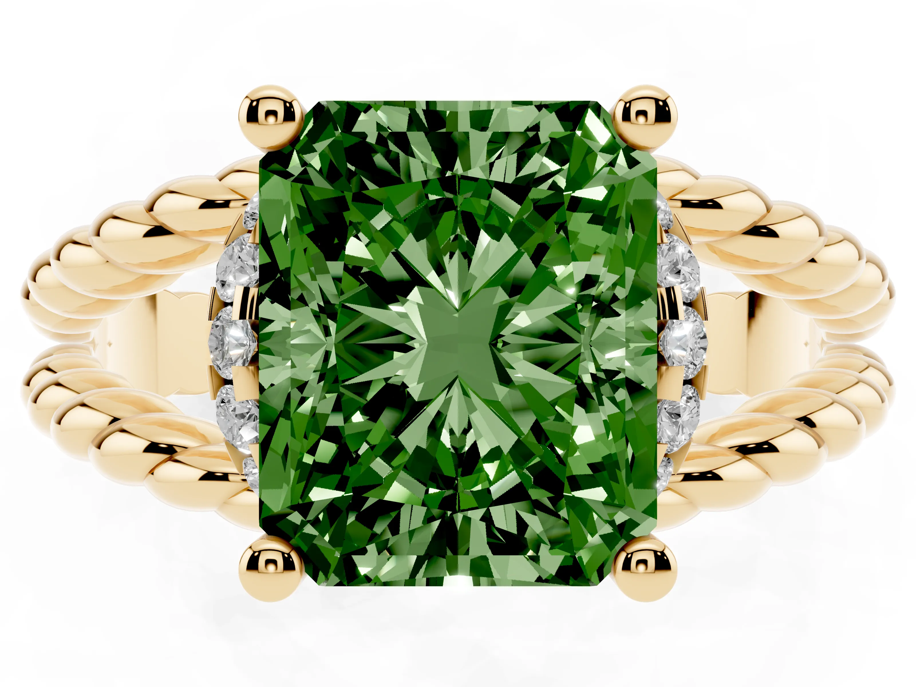 Fancy Green Radiant Cut Diamond Halo Ring Set in Yellow gold with Twisted Band and Prong Setting